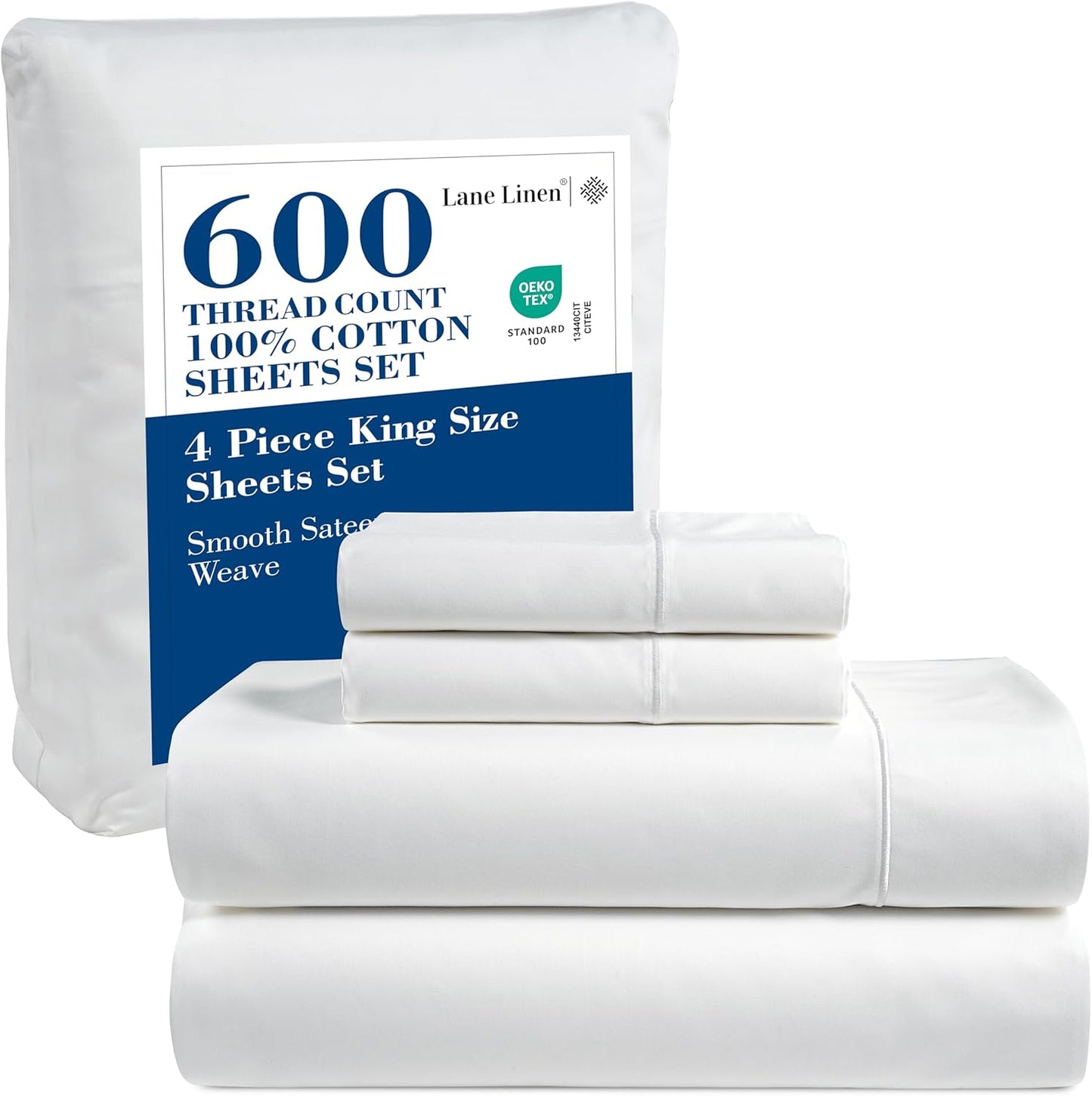LANE LINEN 100% Cotton White Queen Size Sheet Set – Luxurious Hotel-Quality Sateen Weave, Fully Elasticized Mercerized Cotton, Deep Pocket 4-Piece Set, Naturally Cooling & Comfortable