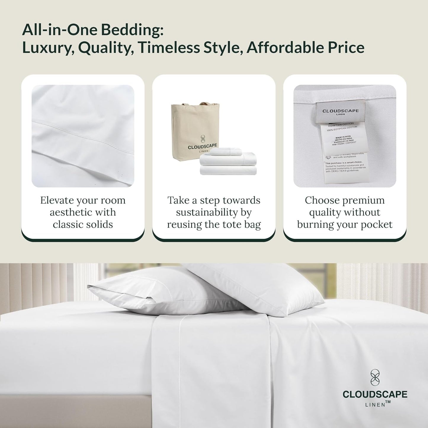 Cloud Scape Linen 100% Egyptian Cotton King Sheets Set – 1000 Thread Count, 4-Piece Soft Hotel Quality Bedding Set,Deep Pockets up to 16”, White