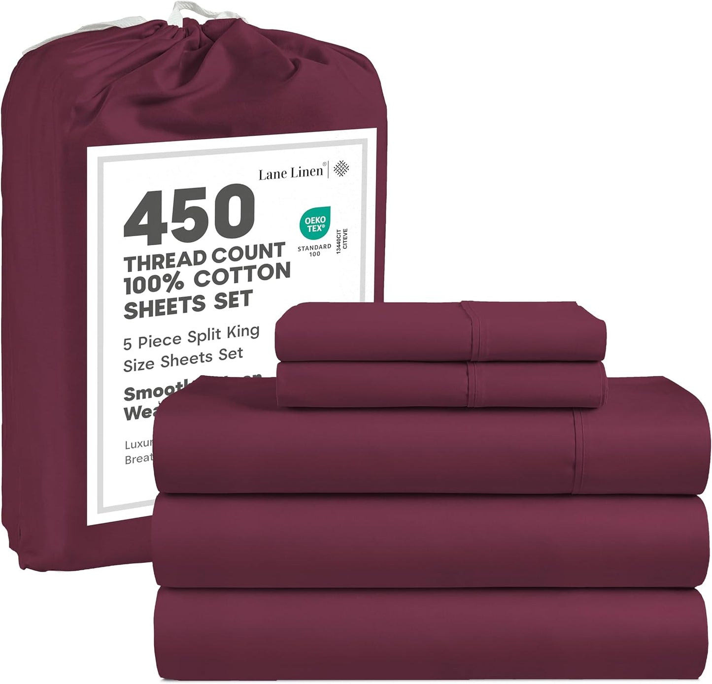LANE LINEN 100% Cotton Sheets – 450 Thread Count Naturally Cooling Twin Sheets Set, Soft & Comfy Sateen Weave, Deep Pocket Fits 15” Mattress, Fade-Resistant Hotel Bedding, White