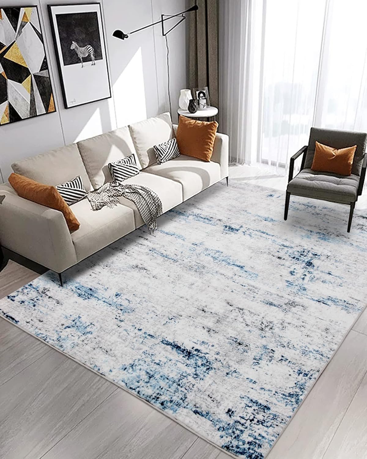 Area Rug Living Room Rugs: 5x7 Large Soft Indoor Carpet Modern Abstract Rug with Non Slip Rubber Backing for Under Dining Table Nursery Home Office Bedroom White Gray Blue