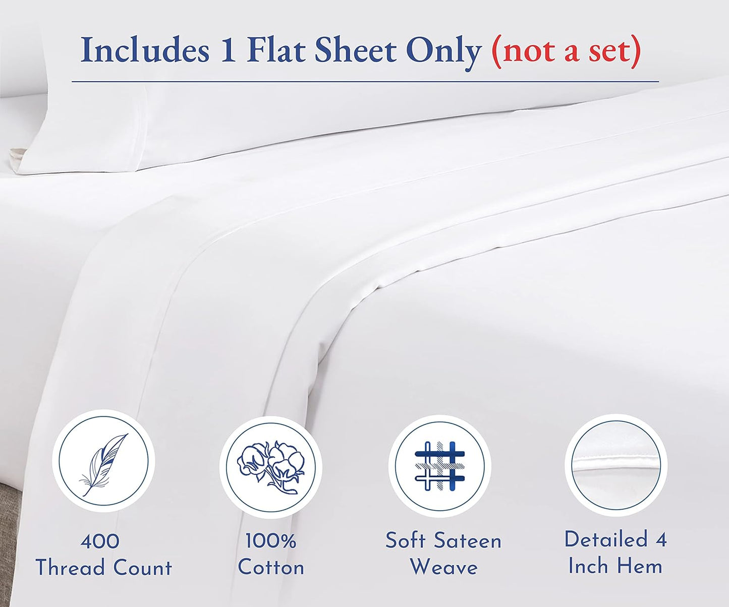 California Design Den Queen Size Flat Bed Sheet Only - Soft 400 Thread Count 100% Cotton Sheet Sateen, Breathable, Durable and Cooling Bed Sheets - Bright White