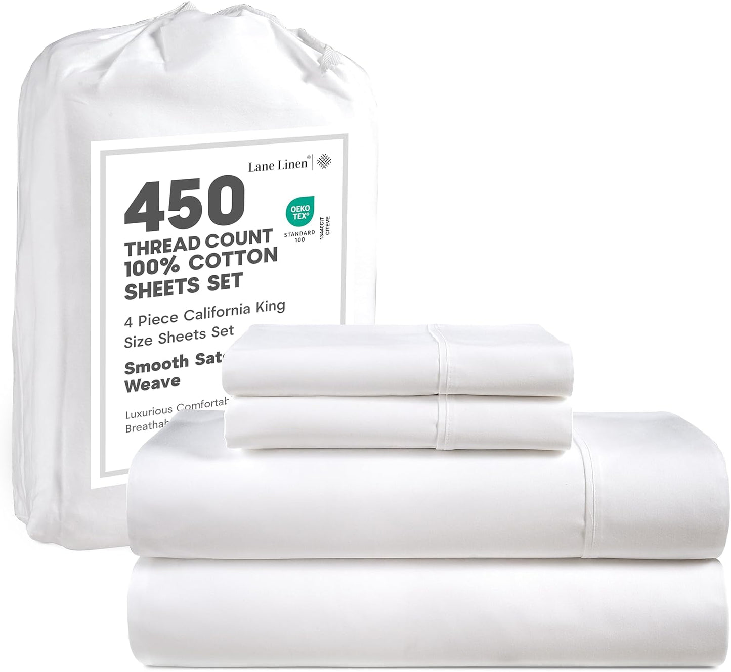 LANE LINEN 100% Cotton Sheets – 450 Thread Count Naturally Cooling Twin Sheets Set, Soft & Comfy Sateen Weave, Deep Pocket Fits 15” Mattress, Fade-Resistant Hotel Bedding, White