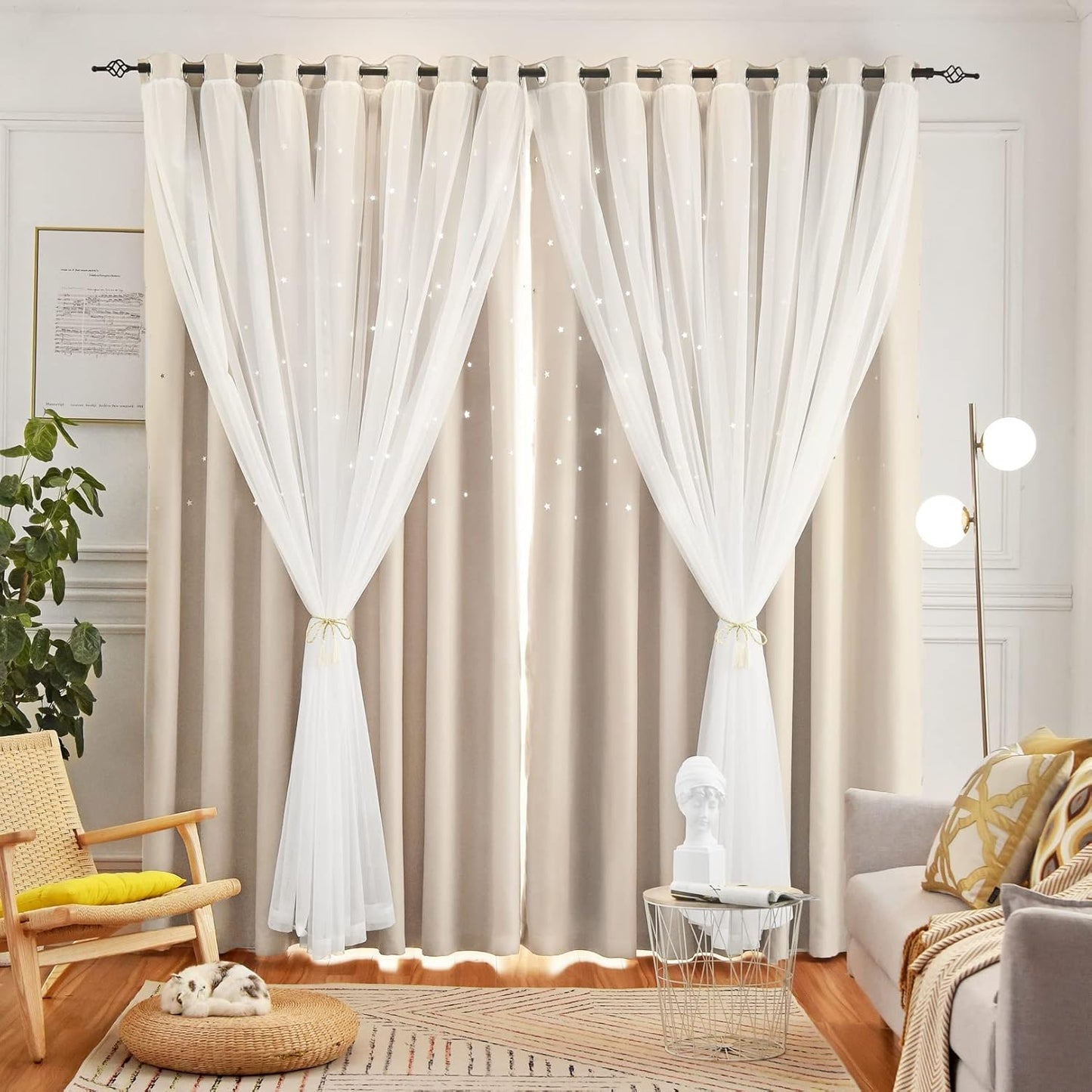Star Blackout Bedroom Curtains, Beige, 52"W x 63"L, 2 Panels