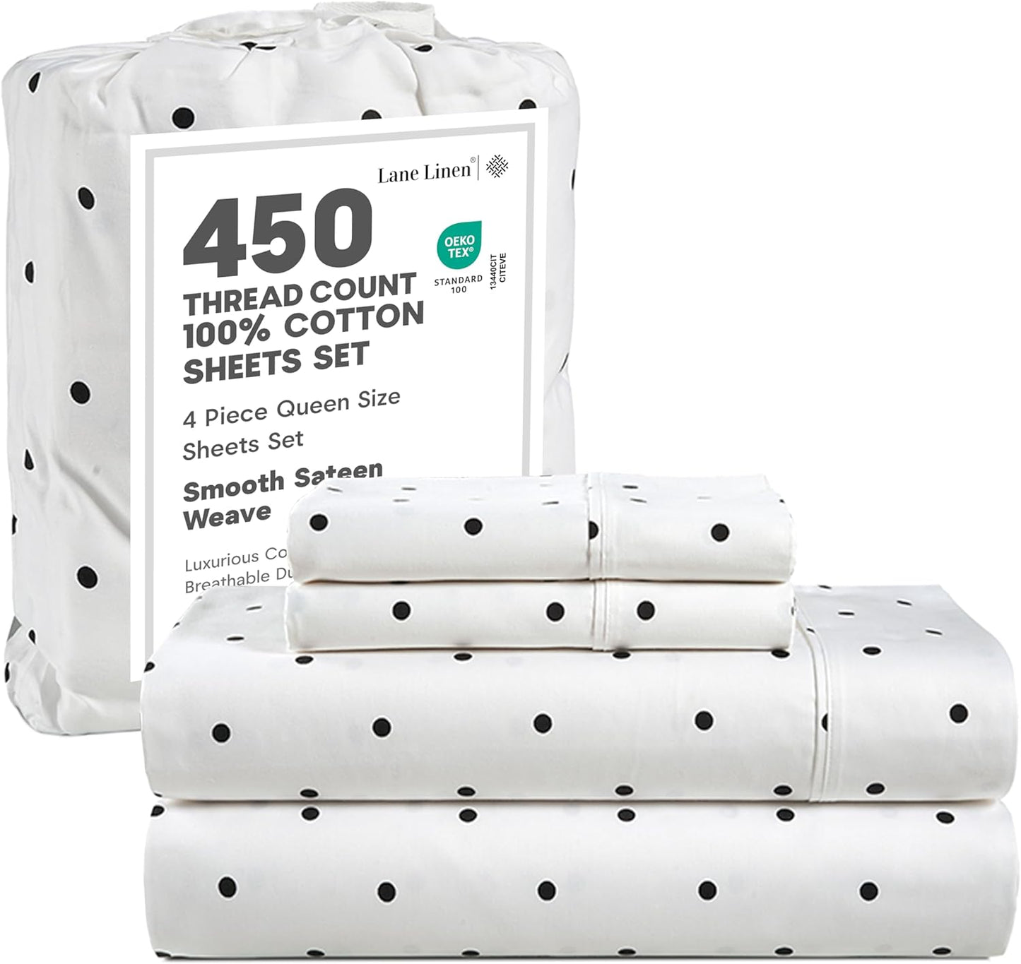 LANE LINEN 100% Cotton Sheets – 450 Thread Count Naturally Cooling Twin Sheets Set, Soft & Comfy Sateen Weave, Deep Pocket Fits 15” Mattress, Fade-Resistant Hotel Bedding, White