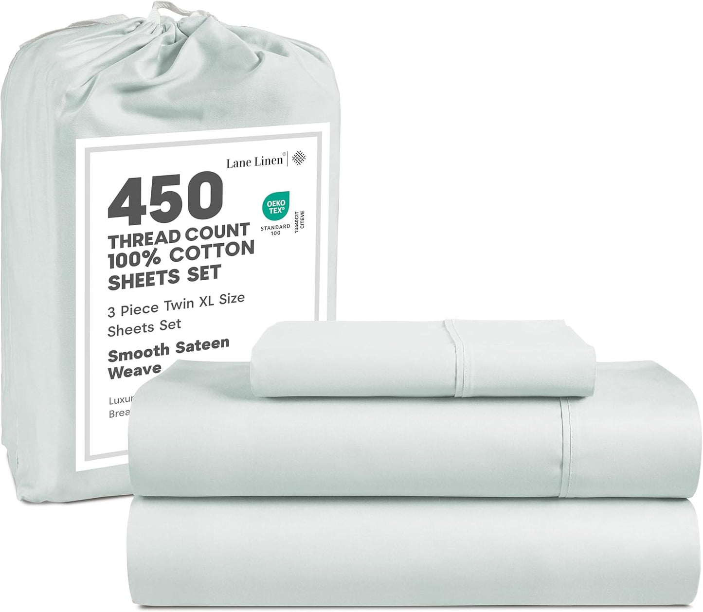 LANE LINEN 100% Cotton Sheets – 450 Thread Count Naturally Cooling Twin Sheets Set, Soft & Comfy Sateen Weave, Deep Pocket Fits 15” Mattress, Fade-Resistant Hotel Bedding, White