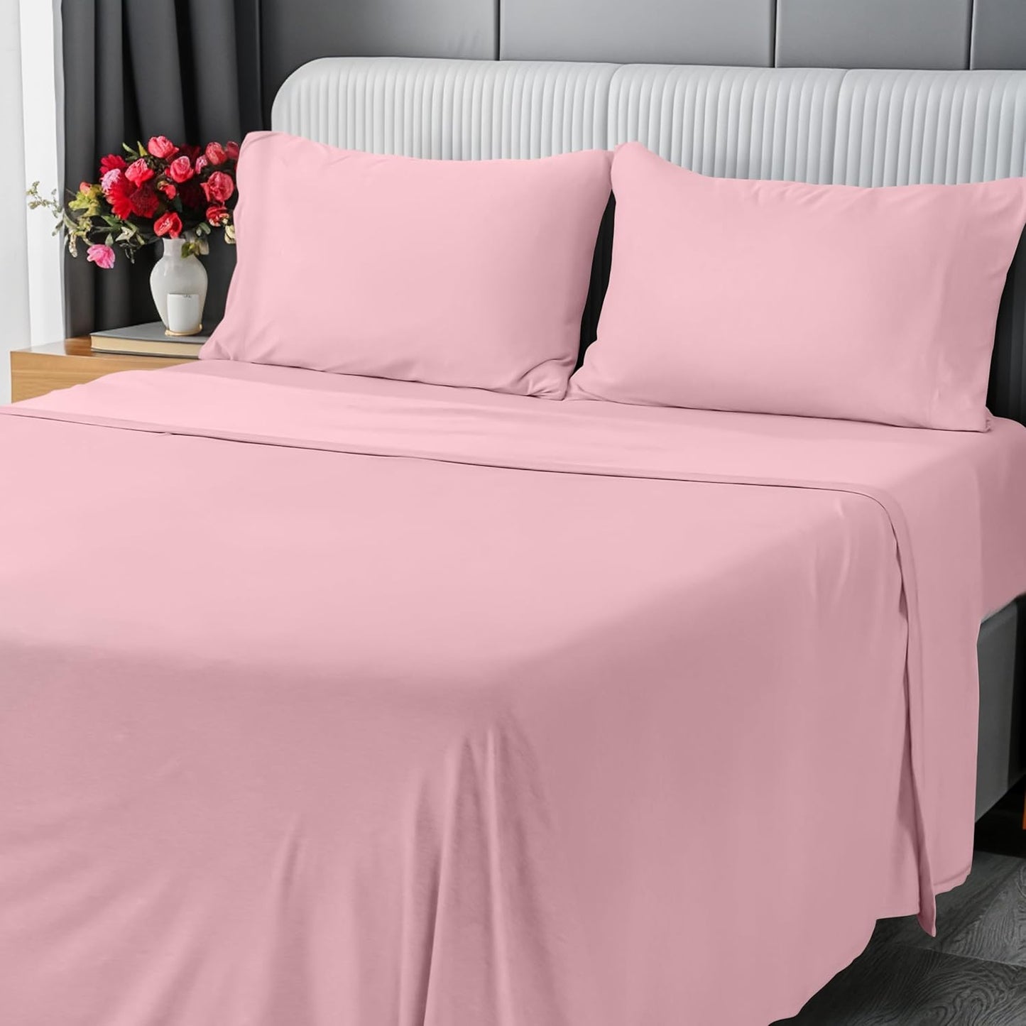 Utopia Bedding Queen Sheet Set - Jersey Knit Sheets 4 Piece – Cotton – Soft T-Shirt Stretchy Sheets (Heather Light Grey)