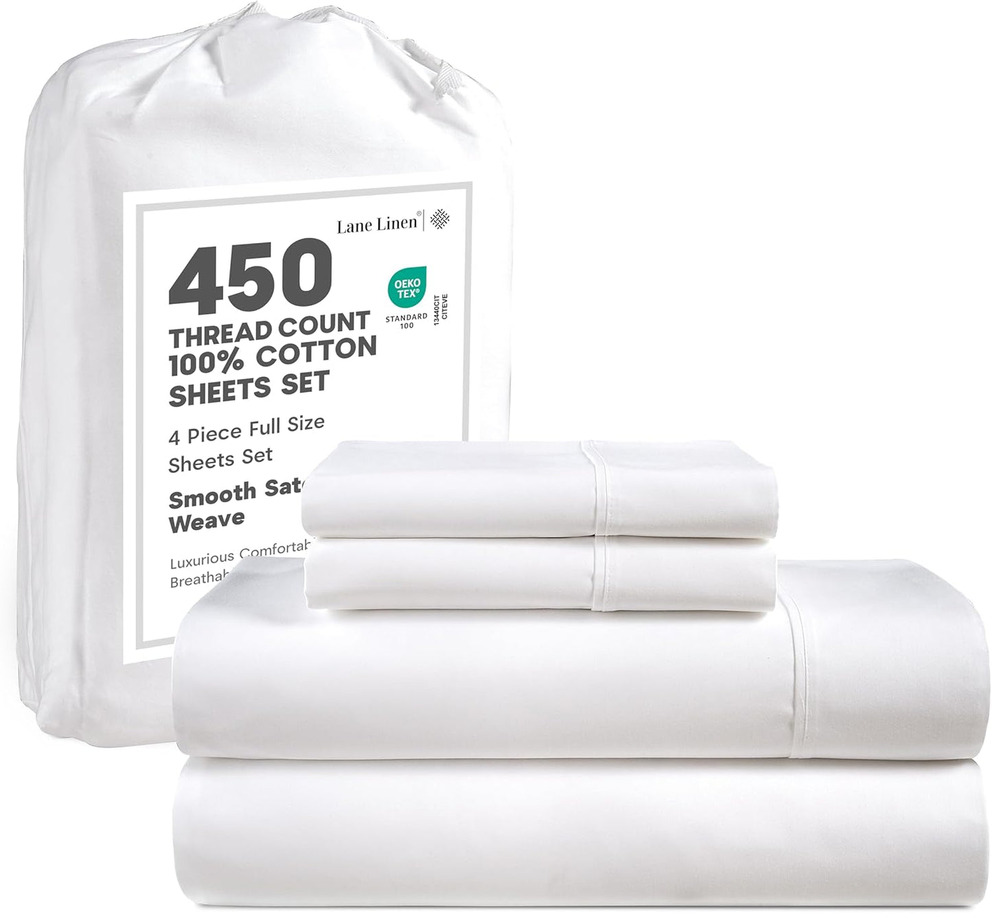 LANE LINEN 100% Cotton Sheets – 450 Thread Count Naturally Cooling Twin Sheets Set, Soft & Comfy Sateen Weave, Deep Pocket Fits 15” Mattress, Fade-Resistant Hotel Bedding, White