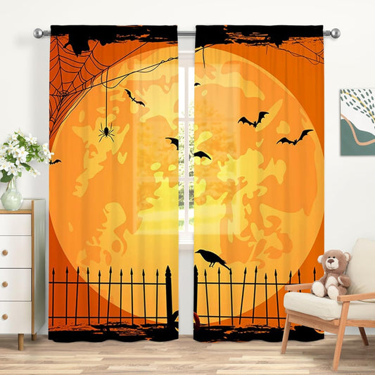 Orange Halloween Curtains for Living Room Large Pumpkin Patch Moon Picture Witch Rod Pocket Window Drapes for Bedroom and Home Decor 2 Panels Set 52x85.5 Inch