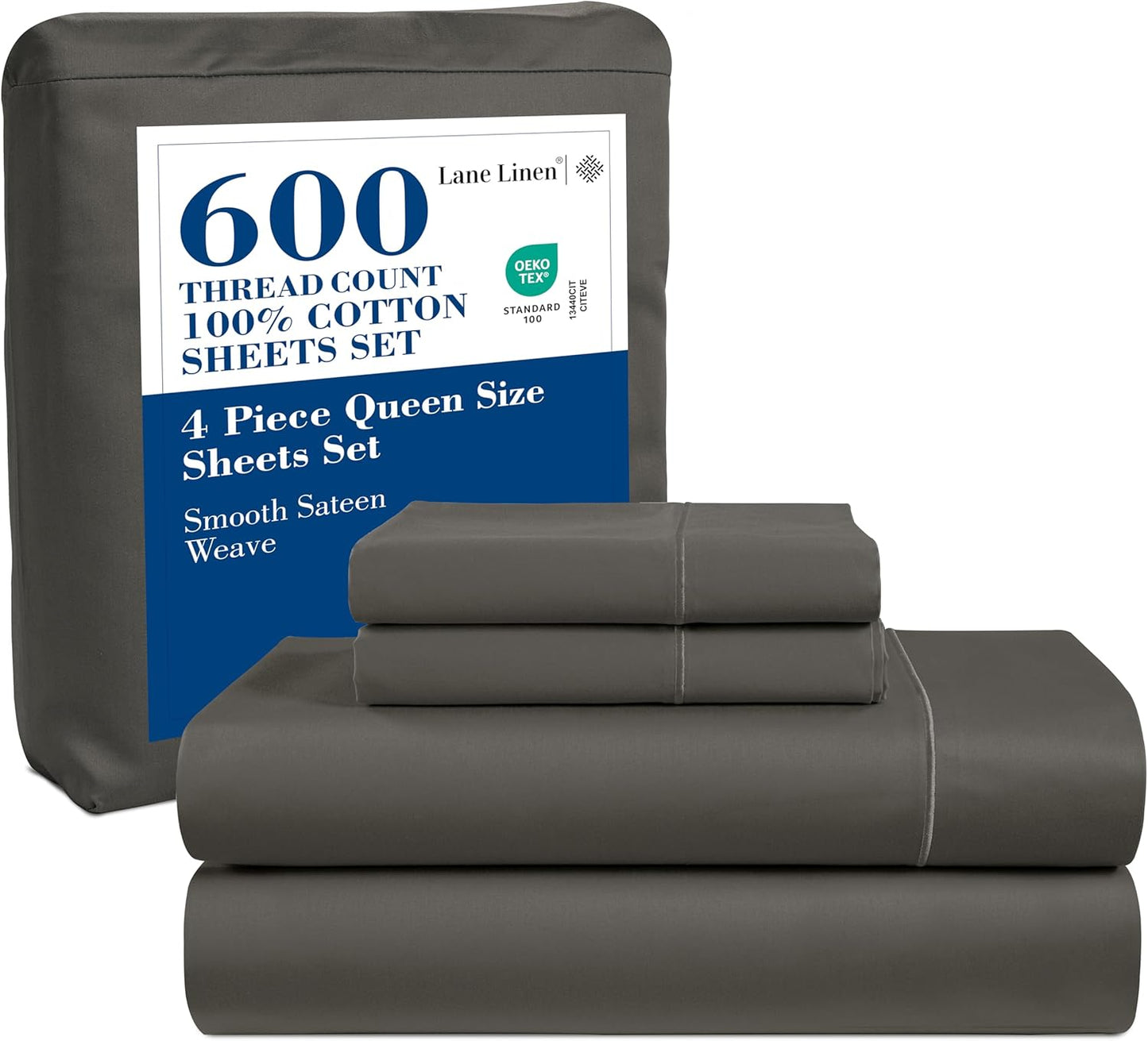 LANE LINEN 100% Cotton White Queen Size Sheet Set – Luxurious Hotel-Quality Sateen Weave, Fully Elasticized Mercerized Cotton, Deep Pocket 4-Piece Set, Naturally Cooling & Comfortable