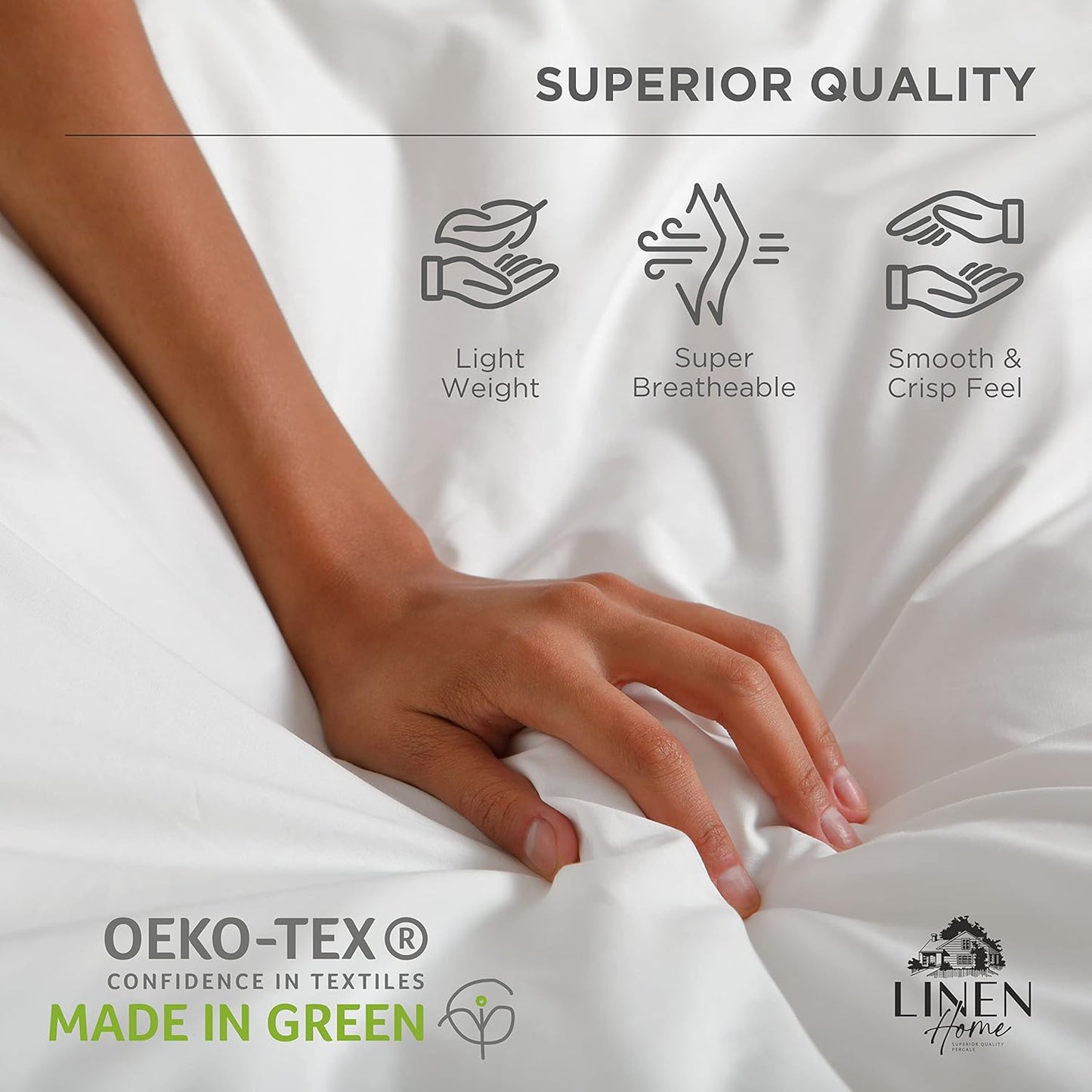 Linen Home 100% Cotton Percale Weave Fitted Sheet, Queen Size, White, 1 Deep Pocket Fitted Sheet, Fits Mattress Upto 16" Crisp and Cool Strong Bed Linen, 60"X80"+15"