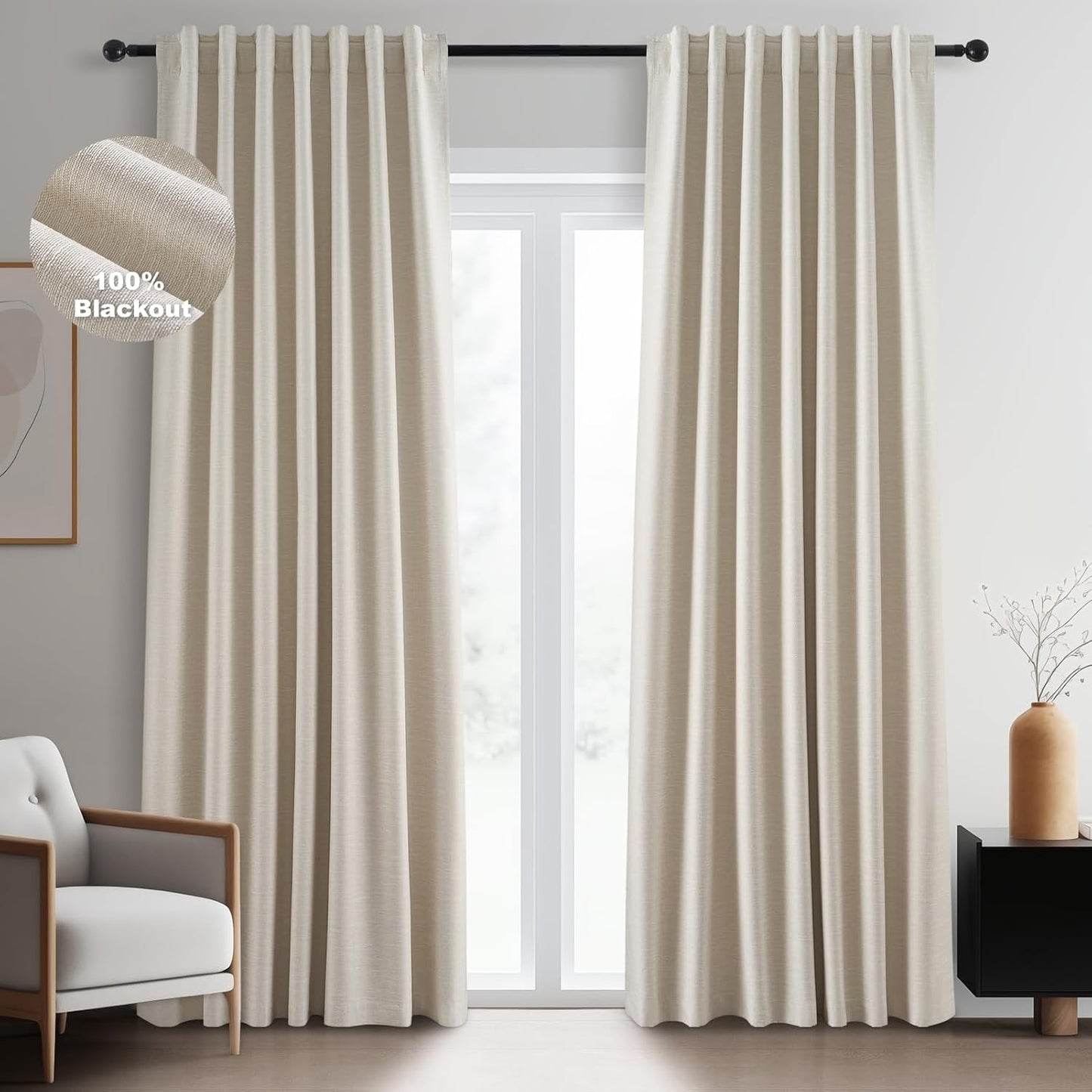 Topfinel Linen Blackout Curtains 96 Inch Long, Boho Farmhouse Ivory Birch Viral Drapes Pinch Pleated Curtains with Hooks for Living Room, Neutral 8 FT Back Tab Bedroom Curtains 52" X 96" 2 Panels