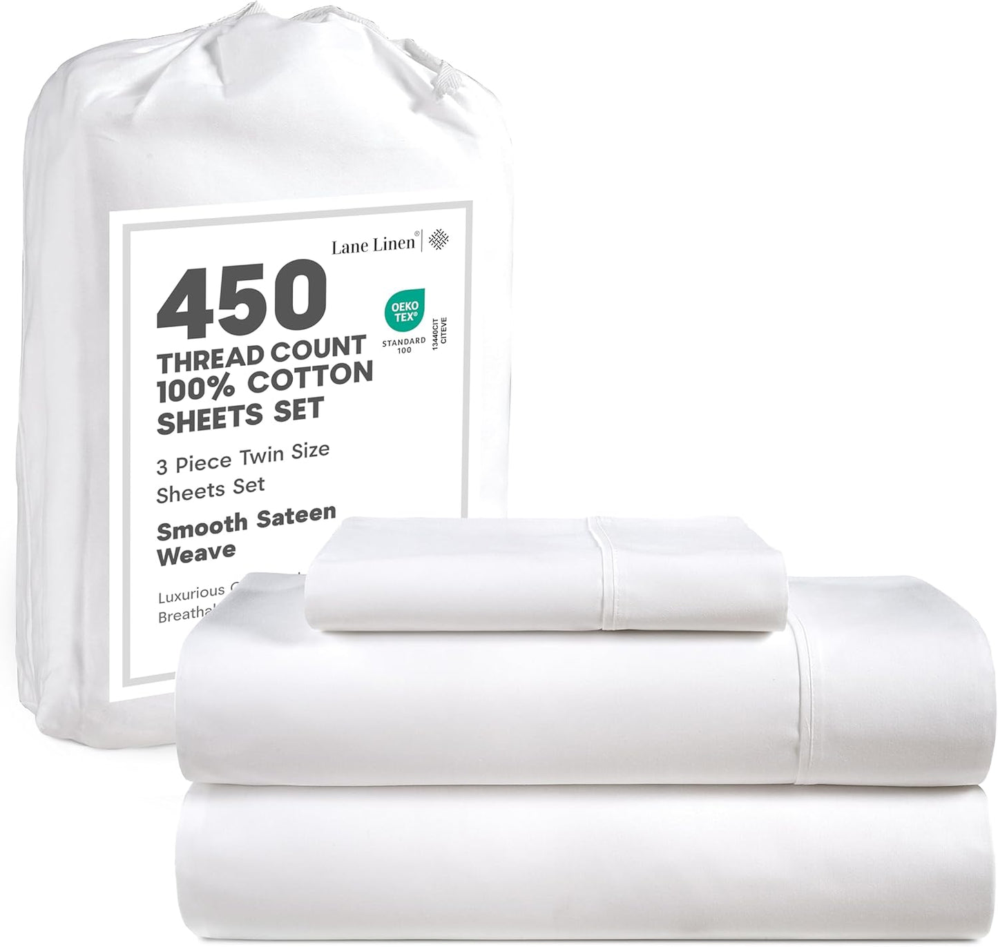 LANE LINEN 100% Cotton Sheets – 450 Thread Count Naturally Cooling Twin Sheets Set, Soft & Comfy Sateen Weave, Deep Pocket Fits 15” Mattress, Fade-Resistant Hotel Bedding, White