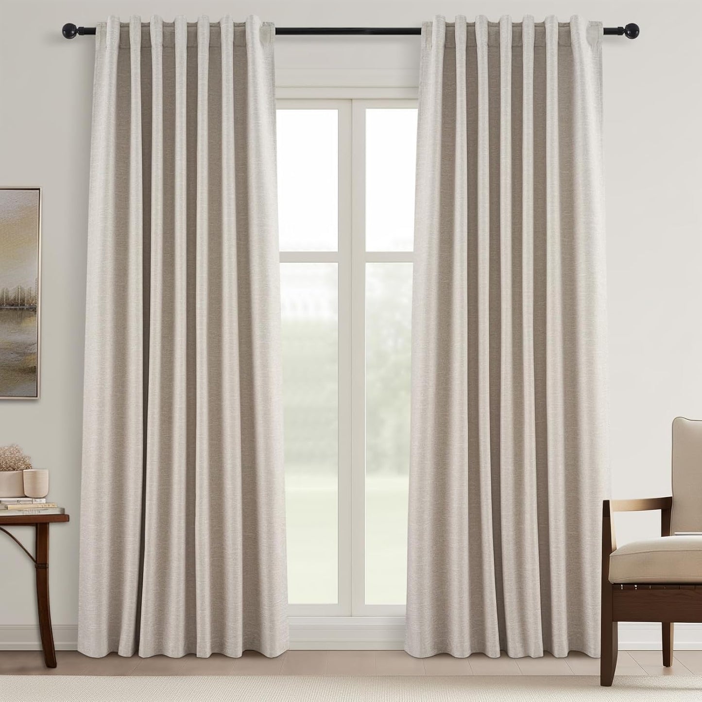Topfinel Linen Blackout Curtains 96 Inch Long, Boho Farmhouse Ivory Birch Viral Drapes Pinch Pleated Curtains with Hooks for Living Room, Neutral 8 FT Back Tab Bedroom Curtains 52" X 96" 2 Panels