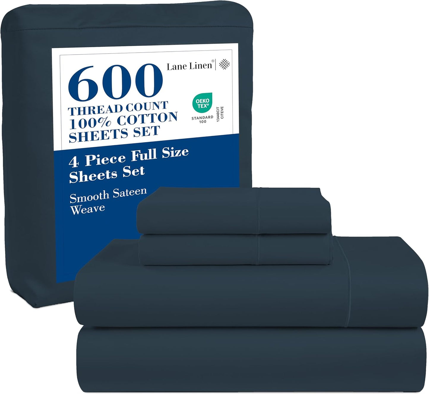 LANE LINEN 100% Cotton White Queen Size Sheet Set – Luxurious Hotel-Quality Sateen Weave, Fully Elasticized Mercerized Cotton, Deep Pocket 4-Piece Set, Naturally Cooling & Comfortable