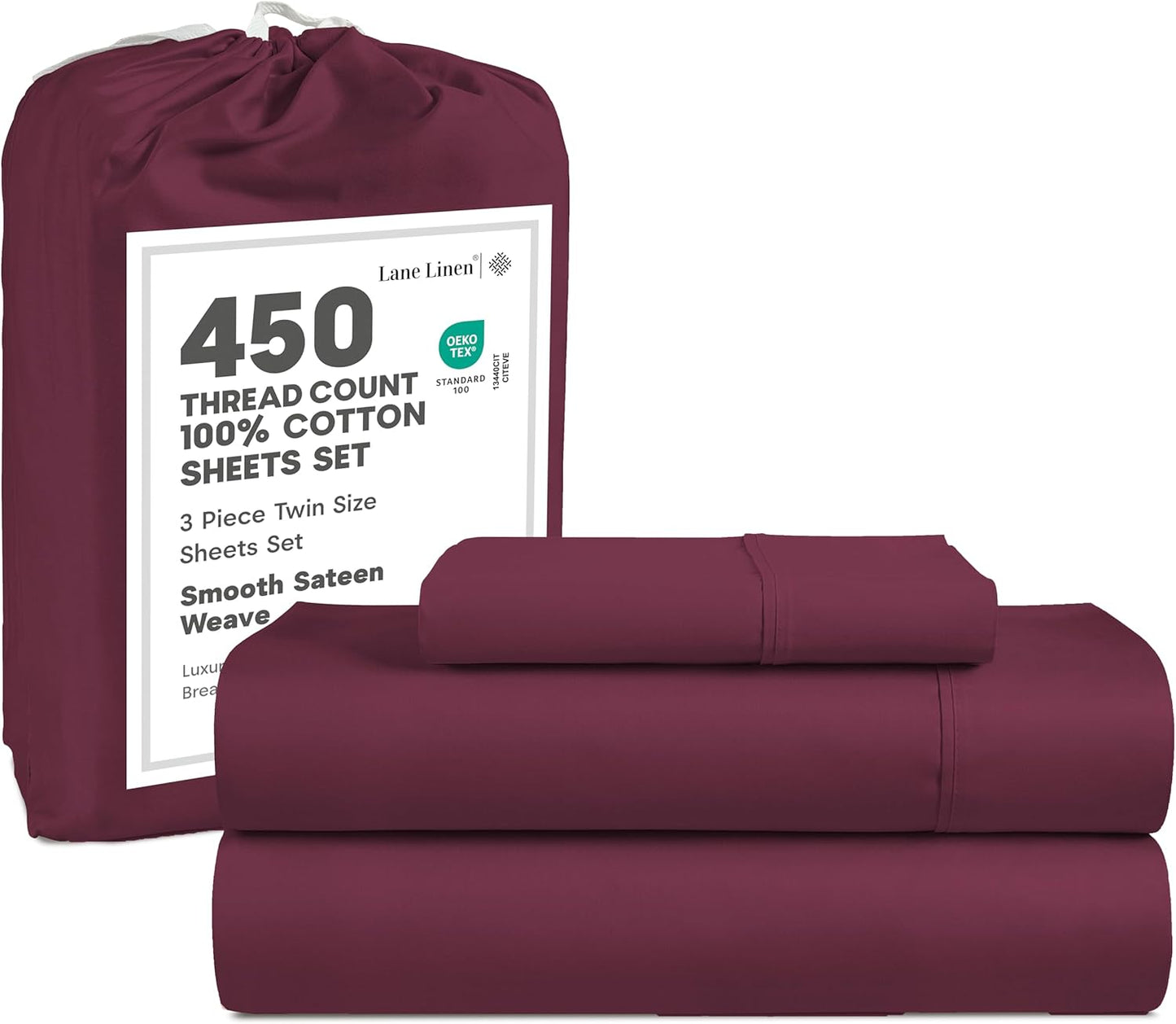 LANE LINEN 100% Cotton Sheets – 450 Thread Count Naturally Cooling Twin Sheets Set, Soft & Comfy Sateen Weave, Deep Pocket Fits 15” Mattress, Fade-Resistant Hotel Bedding, White