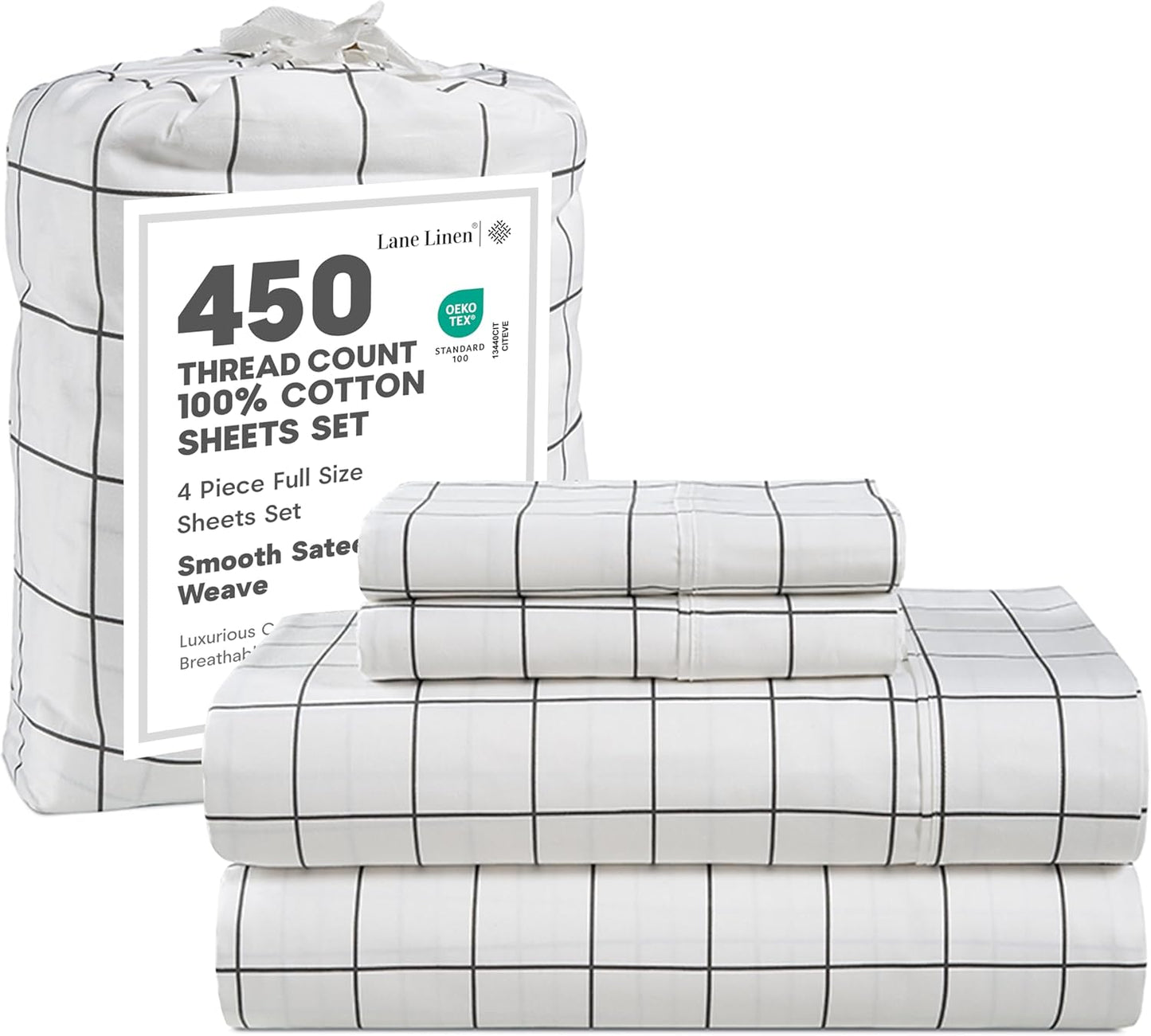LANE LINEN 100% Cotton Sheets – 450 Thread Count Naturally Cooling Twin Sheets Set, Soft & Comfy Sateen Weave, Deep Pocket Fits 15” Mattress, Fade-Resistant Hotel Bedding, White