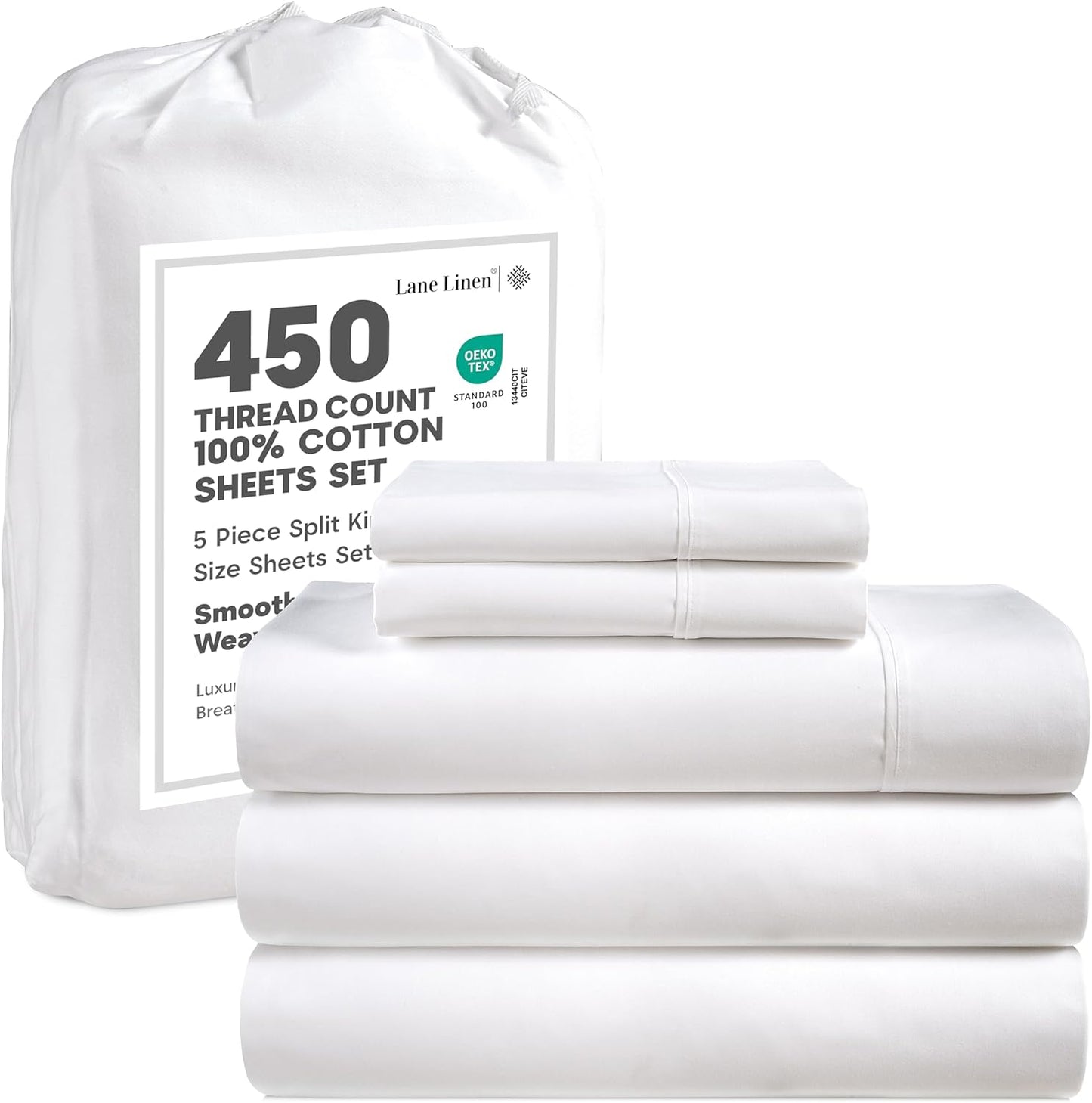 LANE LINEN 100% Cotton Sheets – 450 Thread Count Naturally Cooling Twin Sheets Set, Soft & Comfy Sateen Weave, Deep Pocket Fits 15” Mattress, Fade-Resistant Hotel Bedding, White