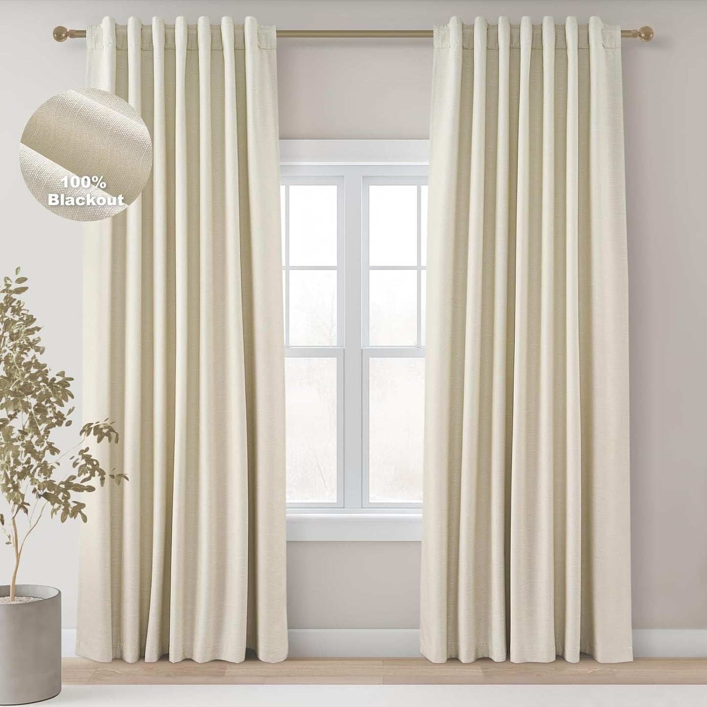 Topfinel Linen Blackout Curtains 96 Inch Long, Boho Farmhouse Ivory Birch Viral Drapes Pinch Pleated Curtains with Hooks for Living Room, Neutral 8 FT Back Tab Bedroom Curtains 52" X 96" 2 Panels