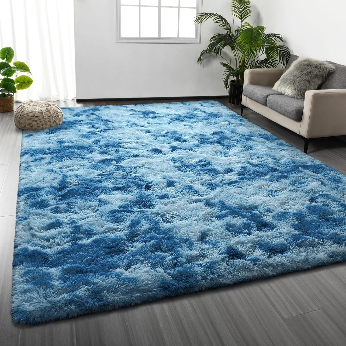 Large Shag Area Rugs 6 x 9, Tie-Dyed Plush Fuzzy Rug for Living Room, Ultra Soft Fluffy Furry Rugs for Bedroom, Indoor Carpet Nursery Rugs for Kids Room Home Decor, Light Grey