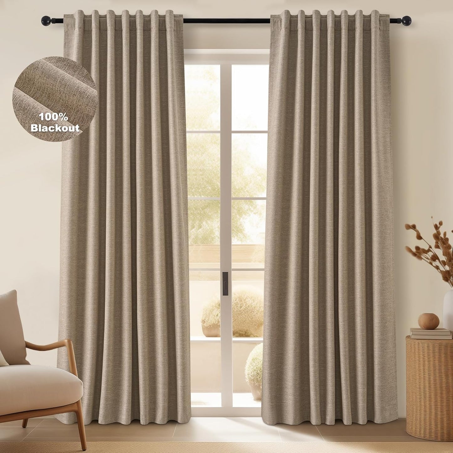 Topfinel Linen Blackout Curtains 96 Inch Long, Boho Farmhouse Ivory Birch Viral Drapes Pinch Pleated Curtains with Hooks for Living Room, Neutral 8 FT Back Tab Bedroom Curtains 52" X 96" 2 Panels