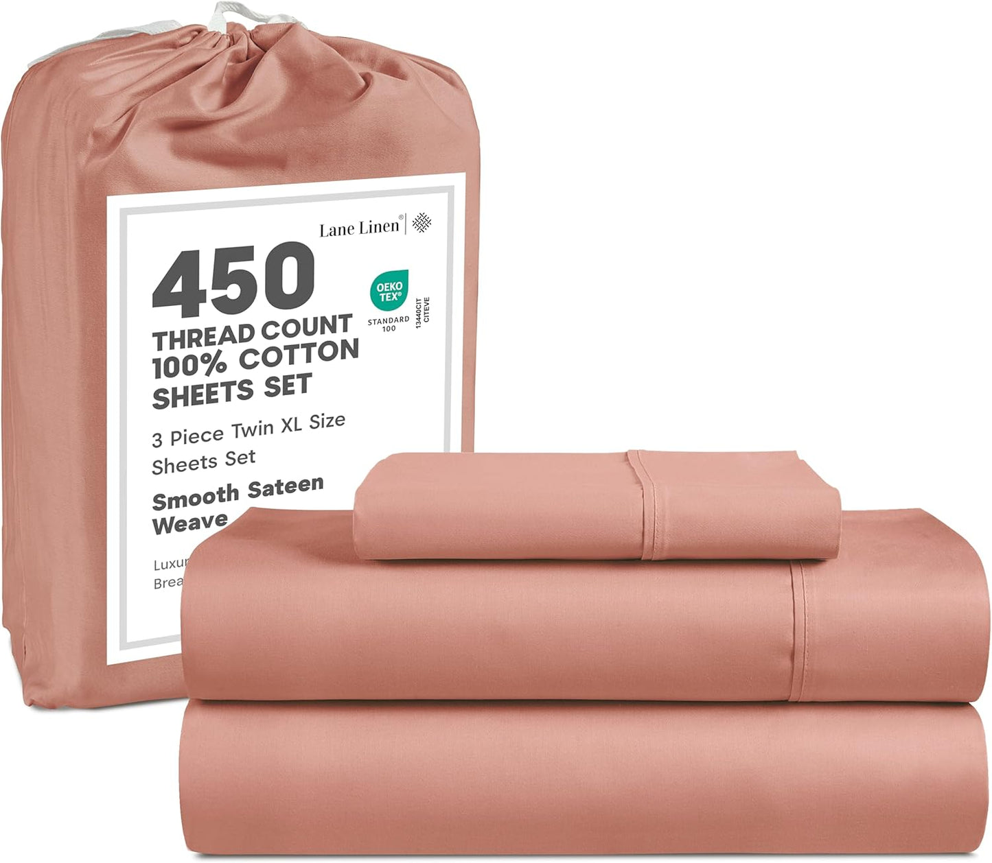 LANE LINEN 100% Cotton Sheets – 450 Thread Count Naturally Cooling Twin Sheets Set, Soft & Comfy Sateen Weave, Deep Pocket Fits 15” Mattress, Fade-Resistant Hotel Bedding, White