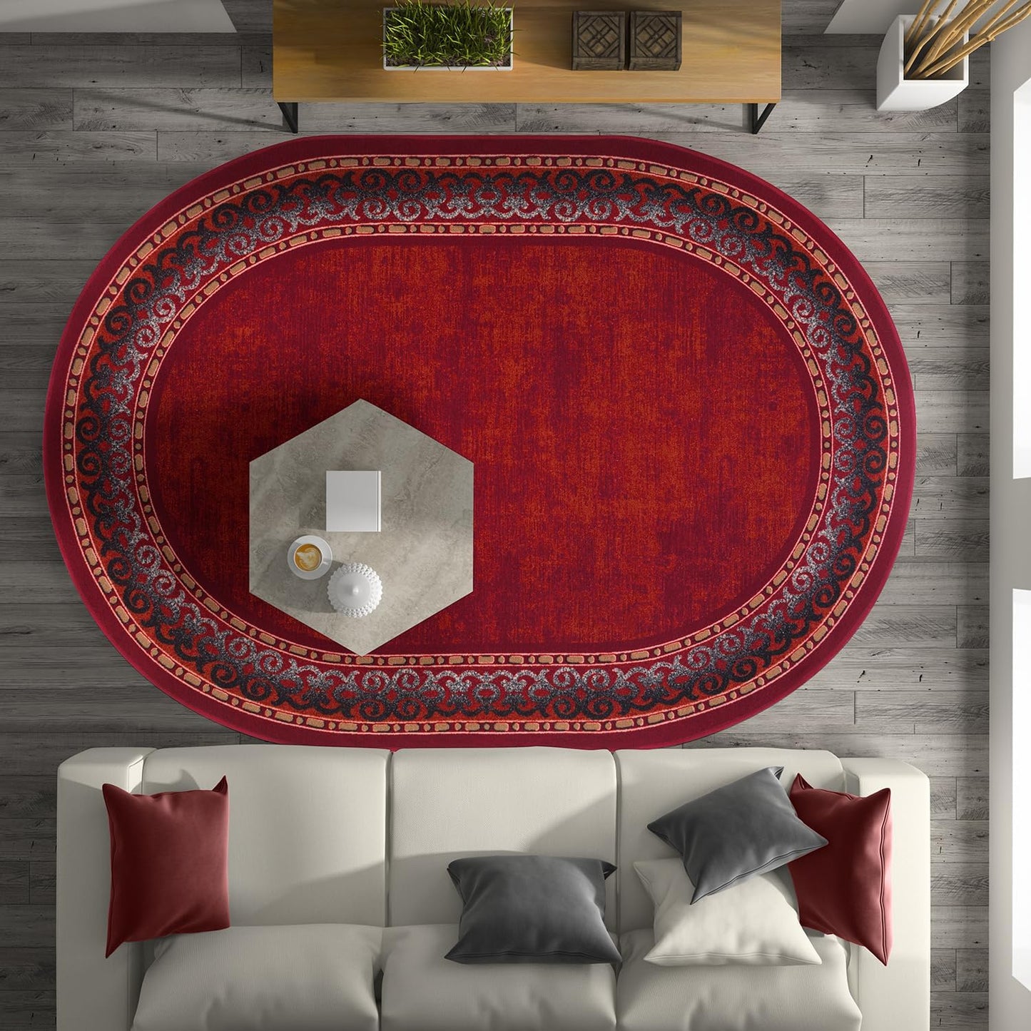 Antep Rugs Alfombras Bordered Modern 5x7 Non-Slip (Non-Skid) Low Pile Rubber Backing Indoor Area Rug (Maroon Red, 5' x 7')