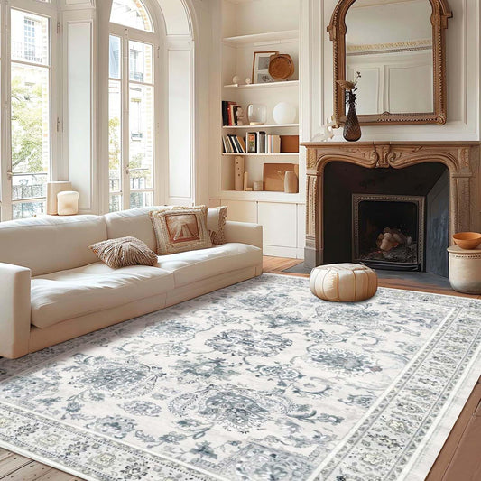 TTRWIN 4x6 Area Rugs - Non-Slip, Boho Machine Washable Rug, Low, Pet & Child Friendly, Stain Resistant Vintage Home Decor Rug Perfect for Living Room, Bedroom, Dinning Room, Light Blue/White