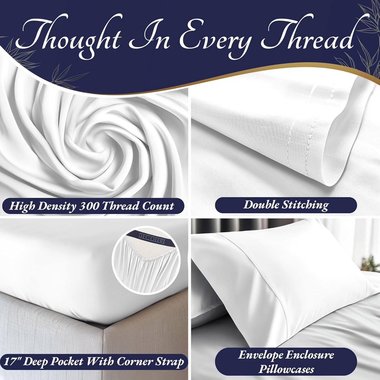 DECOLURE 100% Viscose Derived from Bamboo Sheets King Size 4pcs - Ultra Soft & Luxuriously Cooling, 17" Deep Pocket, Double Stitching, Perfect for Hot Sleepers - King Bed Sheets (White)