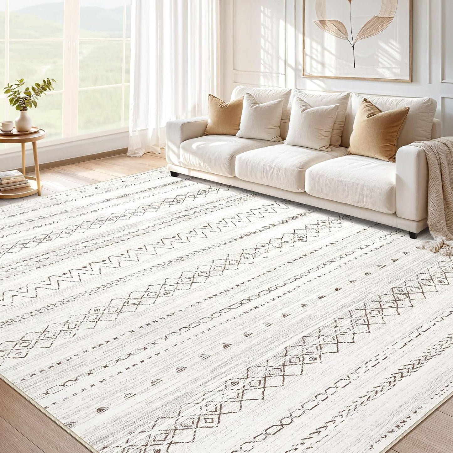 Large Living Room Area Rug 5x7: Soft Machine Washable Boho Moroccan Farmhouse Rugs for Bedroom Under Dining Table - Non-Slip Neutral Morden Indoor Floor Carpet for Home Office - Brown/Cream