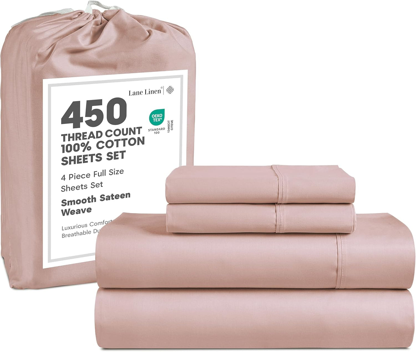 LANE LINEN 100% Cotton Sheets – 450 Thread Count Naturally Cooling Twin Sheets Set, Soft & Comfy Sateen Weave, Deep Pocket Fits 15” Mattress, Fade-Resistant Hotel Bedding, White