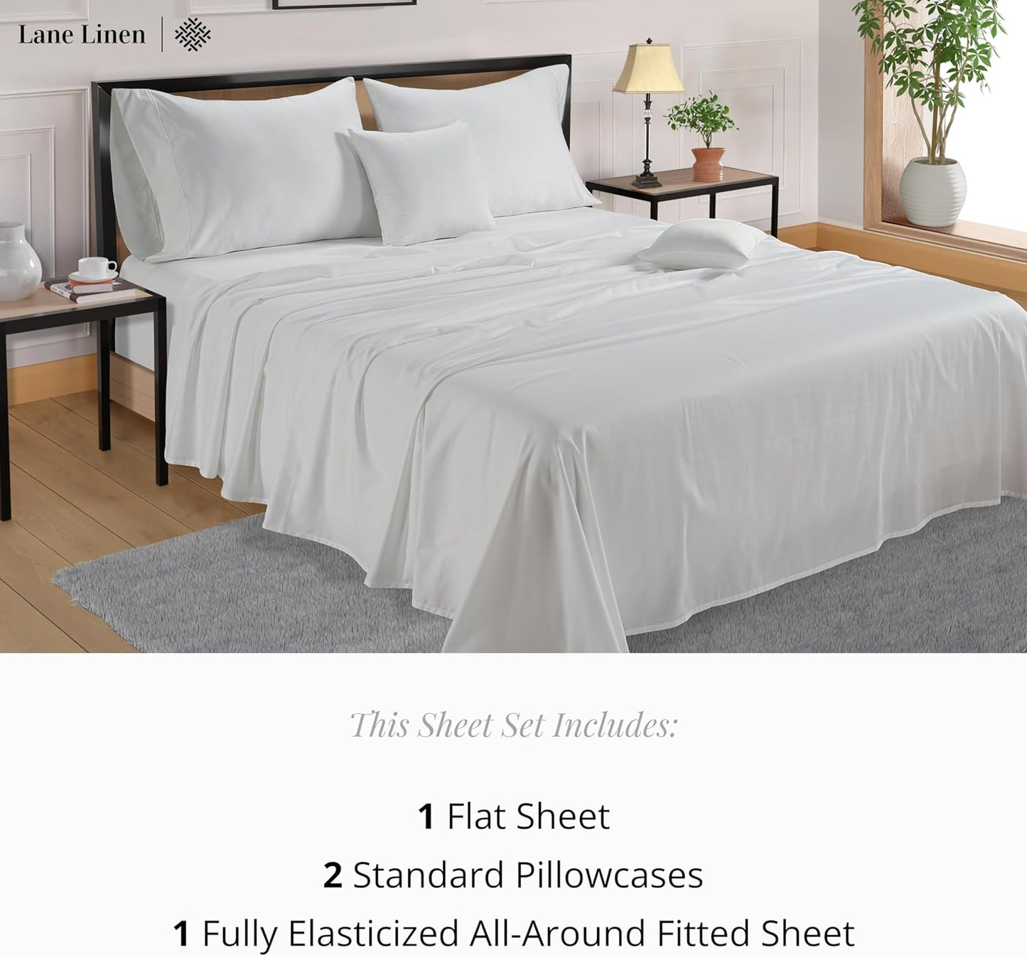 LANE LINEN 100% Cotton White Queen Size Sheet Set – Luxurious Hotel-Quality Sateen Weave, Fully Elasticized Mercerized Cotton, Deep Pocket 4-Piece Set, Naturally Cooling & Comfortable