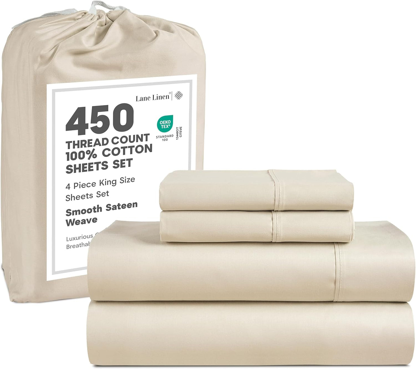 LANE LINEN 100% Cotton Sheets – 450 Thread Count Naturally Cooling Twin Sheets Set, Soft & Comfy Sateen Weave, Deep Pocket Fits 15” Mattress, Fade-Resistant Hotel Bedding, White