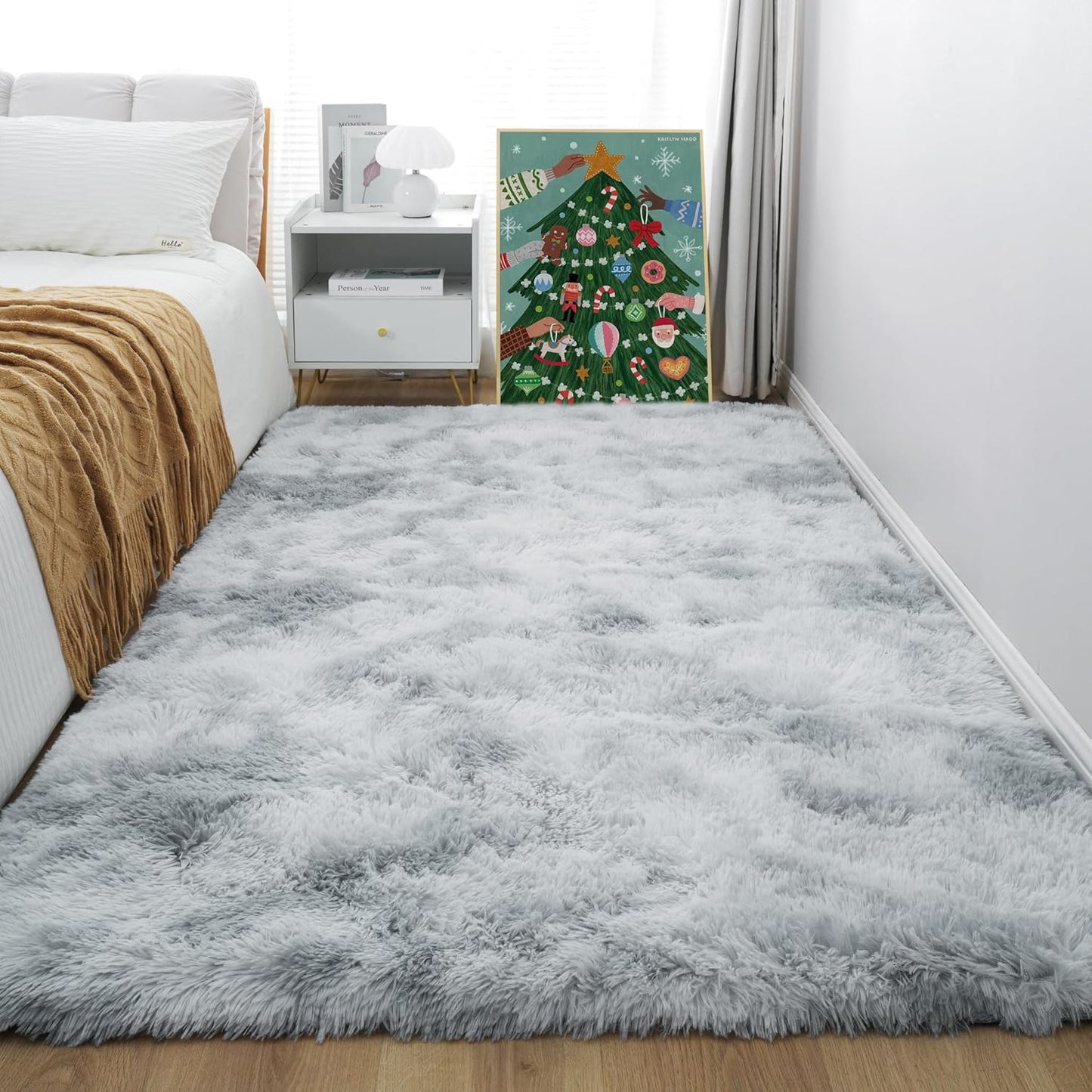 4x6 Light Grey Fluffy Shag Area Rug for Bedroom, Ultra Soft Fuzzy Plush Washable Carpet for Living Room, Modern Cozy Non Skid Furry Shaggy Rug for Kids Baby Boys Nursery Dorm,Tie-Dye Gray