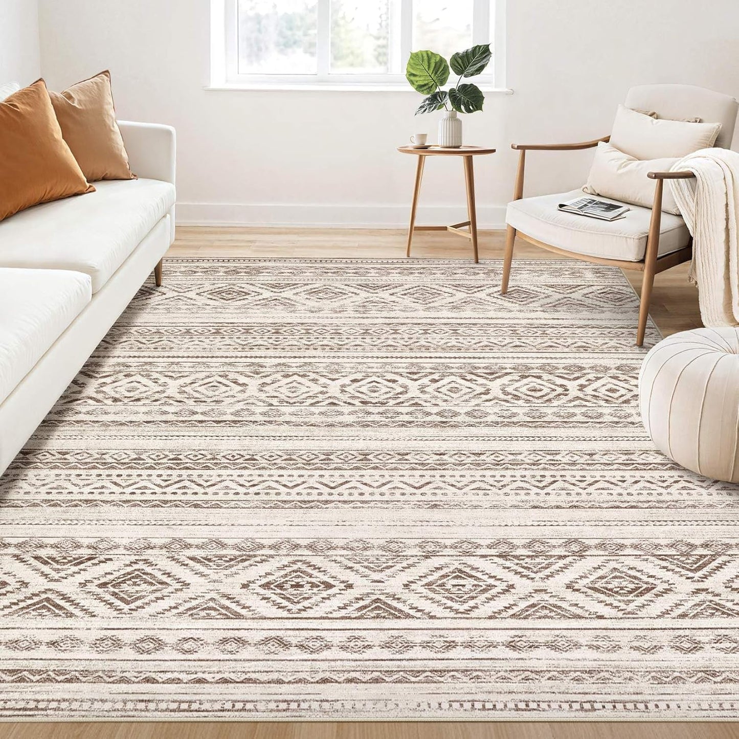 Large Living Room Area Rug 5x7: Soft Machine Washable Boho Moroccan Farmhouse Rugs for Bedroom Under Dining Table - Non-Slip Neutral Morden Indoor Floor Carpet for Home Office - Brown/Cream