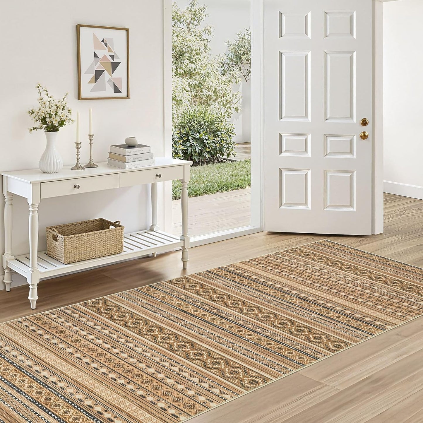 Large Living Room Area Rug 5x7: Soft Machine Washable Boho Moroccan Farmhouse Rugs for Bedroom Under Dining Table - Non-Slip Neutral Morden Indoor Floor Carpet for Home Office - Brown/Cream