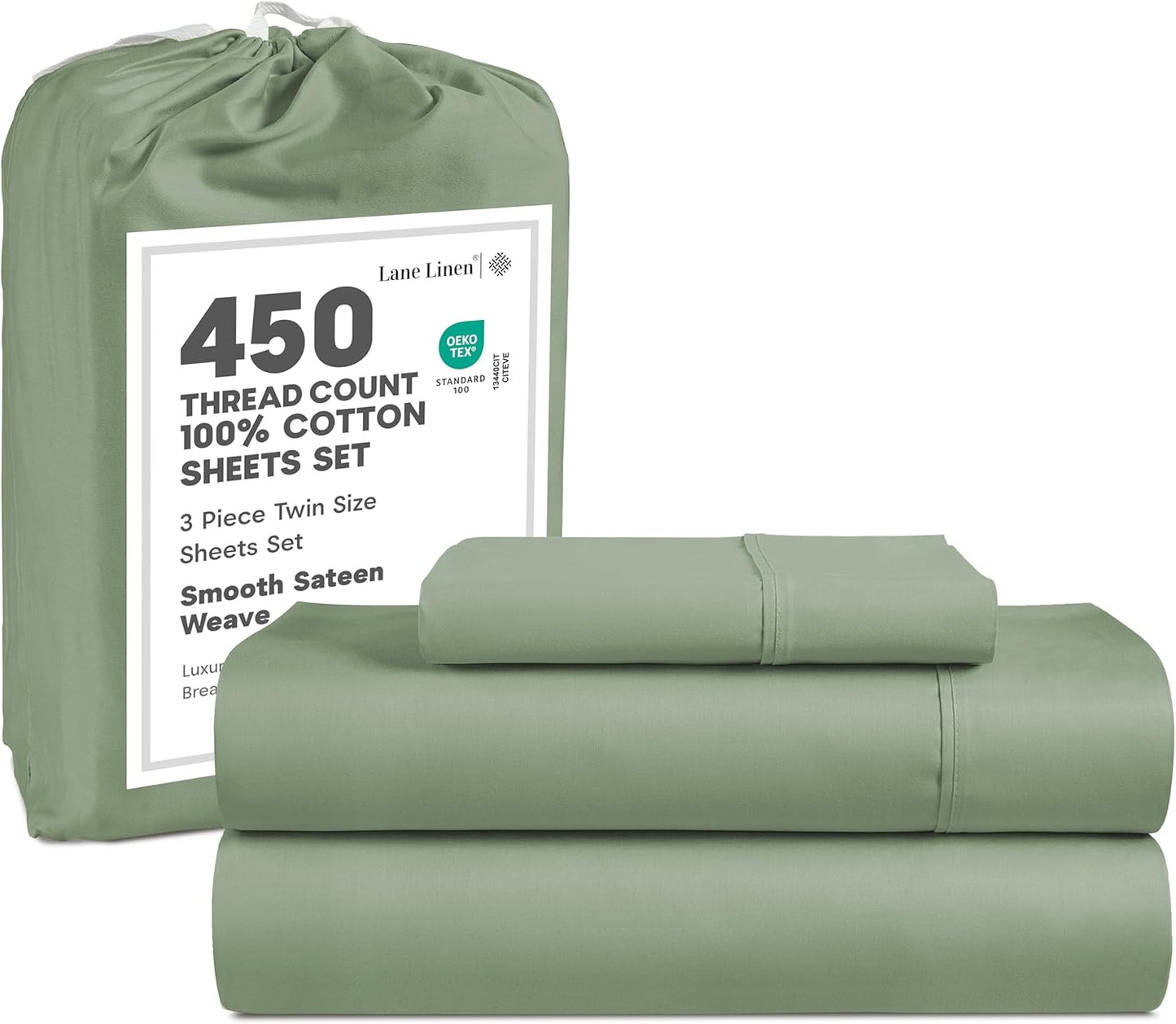 LANE LINEN 100% Cotton Sheets – 450 Thread Count Naturally Cooling Twin Sheets Set, Soft & Comfy Sateen Weave, Deep Pocket Fits 15” Mattress, Fade-Resistant Hotel Bedding, White