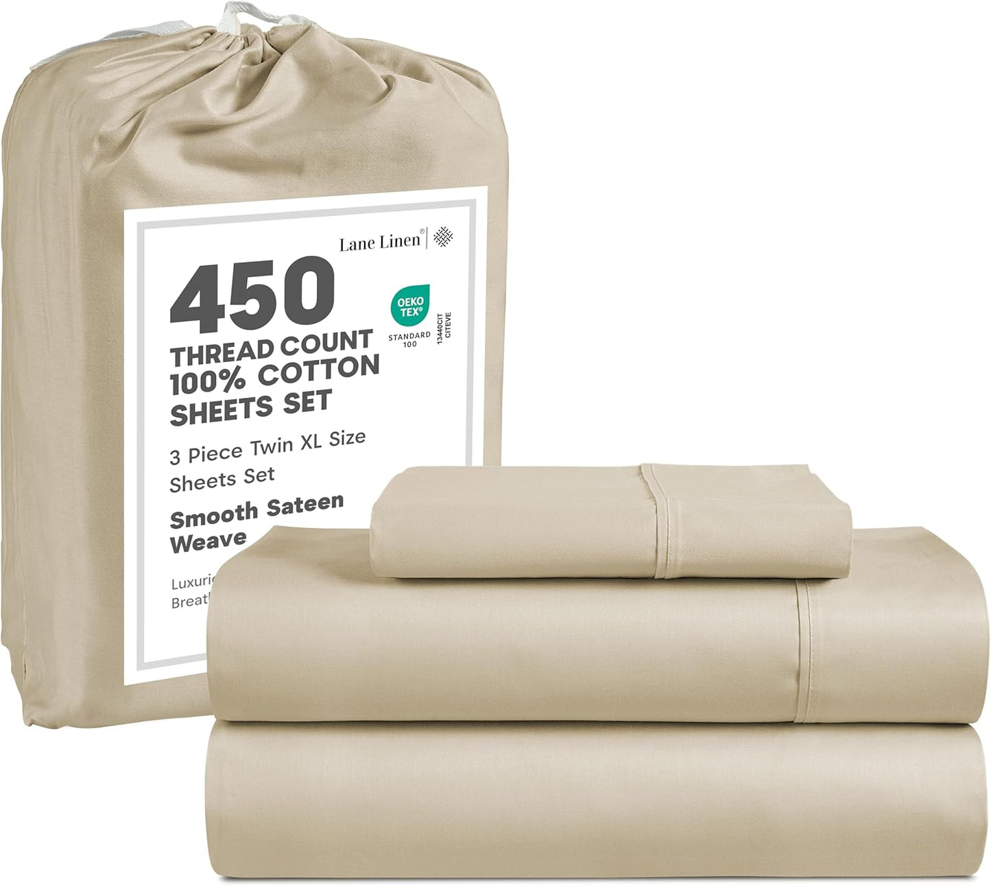 LANE LINEN 100% Cotton Sheets – 450 Thread Count Naturally Cooling Twin Sheets Set, Soft & Comfy Sateen Weave, Deep Pocket Fits 15” Mattress, Fade-Resistant Hotel Bedding, White