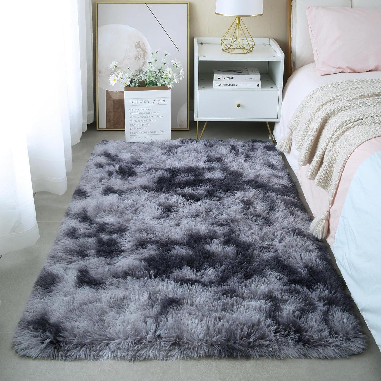 4x6 Light Grey Fluffy Shag Area Rug for Bedroom, Ultra Soft Fuzzy Plush Washable Carpet for Living Room, Modern Cozy Non Skid Furry Shaggy Rug for Kids Baby Boys Nursery Dorm,Tie-Dye Gray