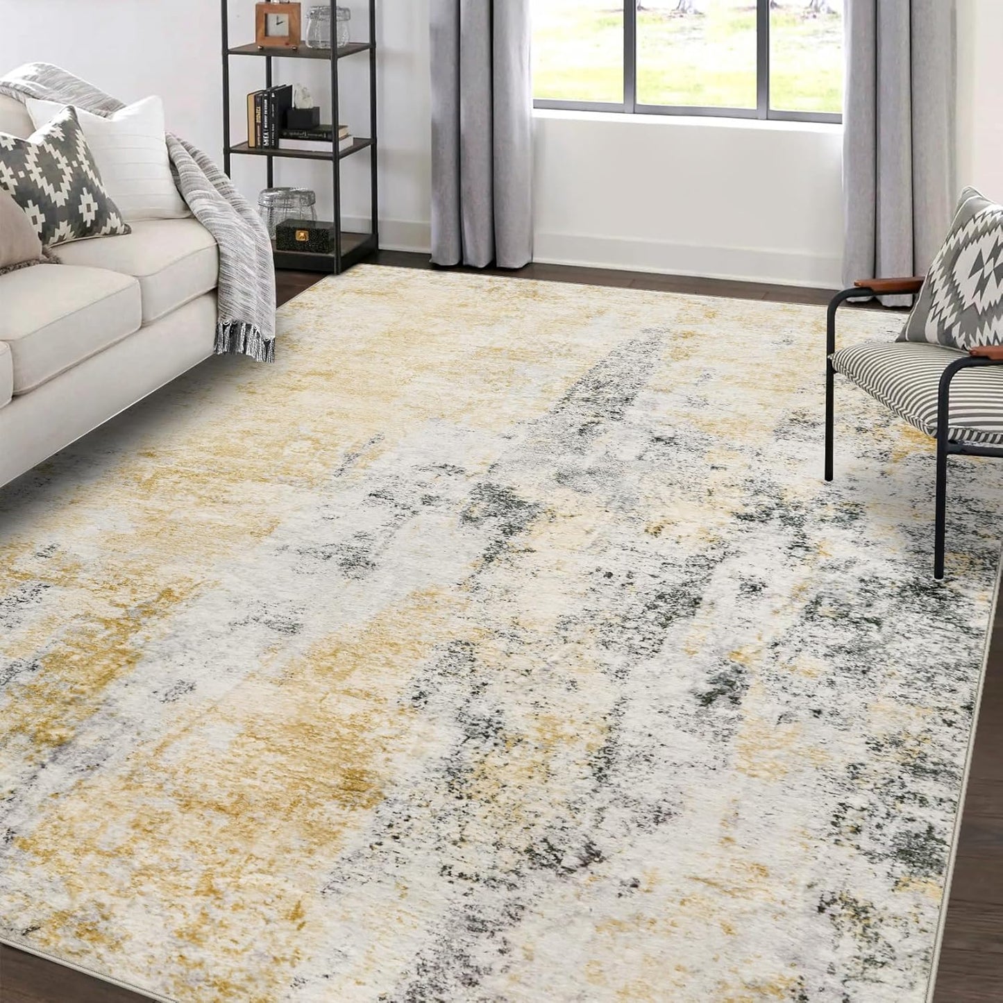 Area Rug Living Room Rugs: 5x7 Large Soft Indoor Carpet Modern Abstract Rug with Non Slip Rubber Backing for Under Dining Table Nursery Home Office Bedroom White Gray Blue
