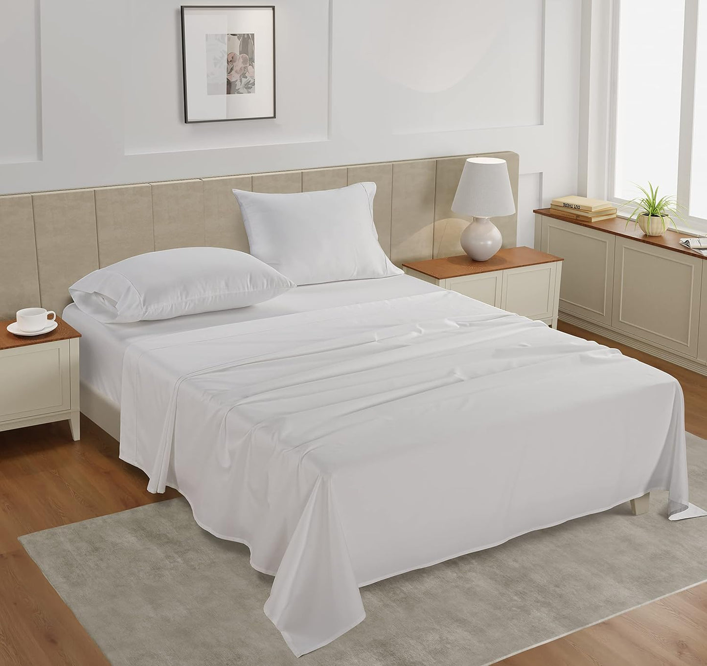 LANE LINEN 100% Cotton Sheets – 450 Thread Count Naturally Cooling Twin Sheets Set, Soft & Comfy Sateen Weave, Deep Pocket Fits 15” Mattress, Fade-Resistant Hotel Bedding, White