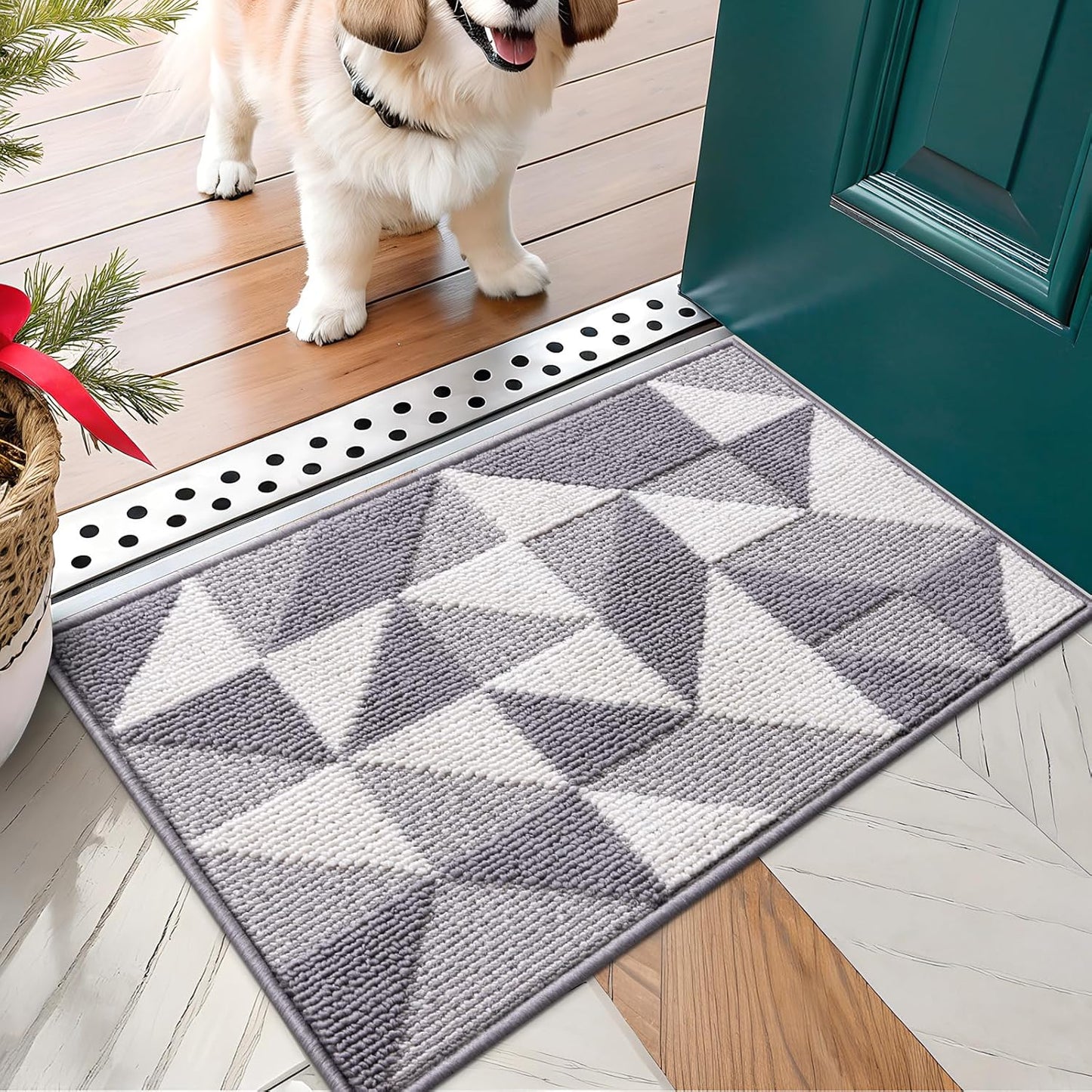 OLANLY Door Mat Indoor Entrance Washable 32x20, Odor-Free Low-Profile Front Back Geometric Doormat, Absorbent Resist Dirt Entry Carpet, Easy to Clean Sturdy Inside Floor Mats for Entryway, Black