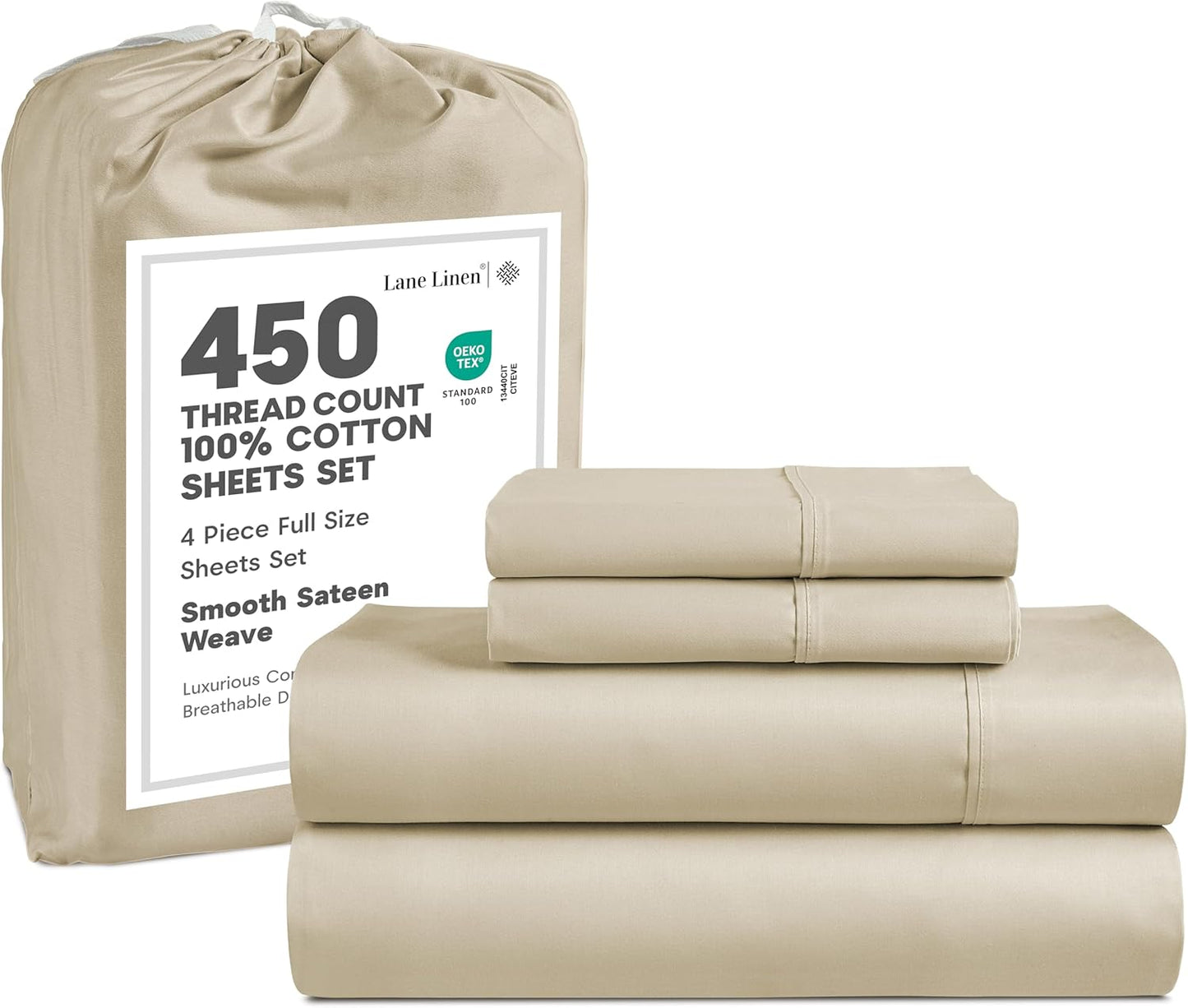 LANE LINEN 100% Cotton Sheets – 450 Thread Count Naturally Cooling Twin Sheets Set, Soft & Comfy Sateen Weave, Deep Pocket Fits 15” Mattress, Fade-Resistant Hotel Bedding, White