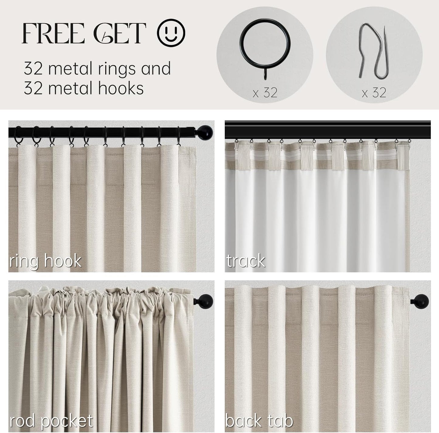 Topfinel Linen Blackout Curtains 96 Inch Long, Boho Farmhouse Ivory Birch Viral Drapes Pinch Pleated Curtains with Hooks for Living Room, Neutral 8 FT Back Tab Bedroom Curtains 52" X 96" 2 Panels