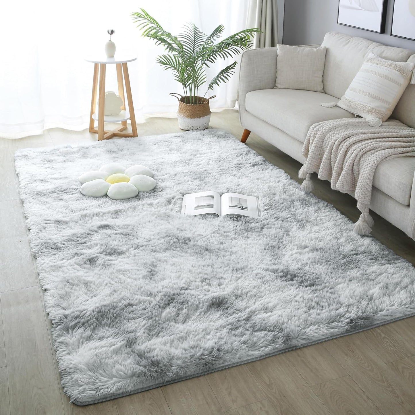 4x6 Light Grey Fluffy Shag Area Rug for Bedroom, Ultra Soft Fuzzy Plush Washable Carpet for Living Room, Modern Cozy Non Skid Furry Shaggy Rug for Kids Baby Boys Nursery Dorm,Tie-Dye Gray