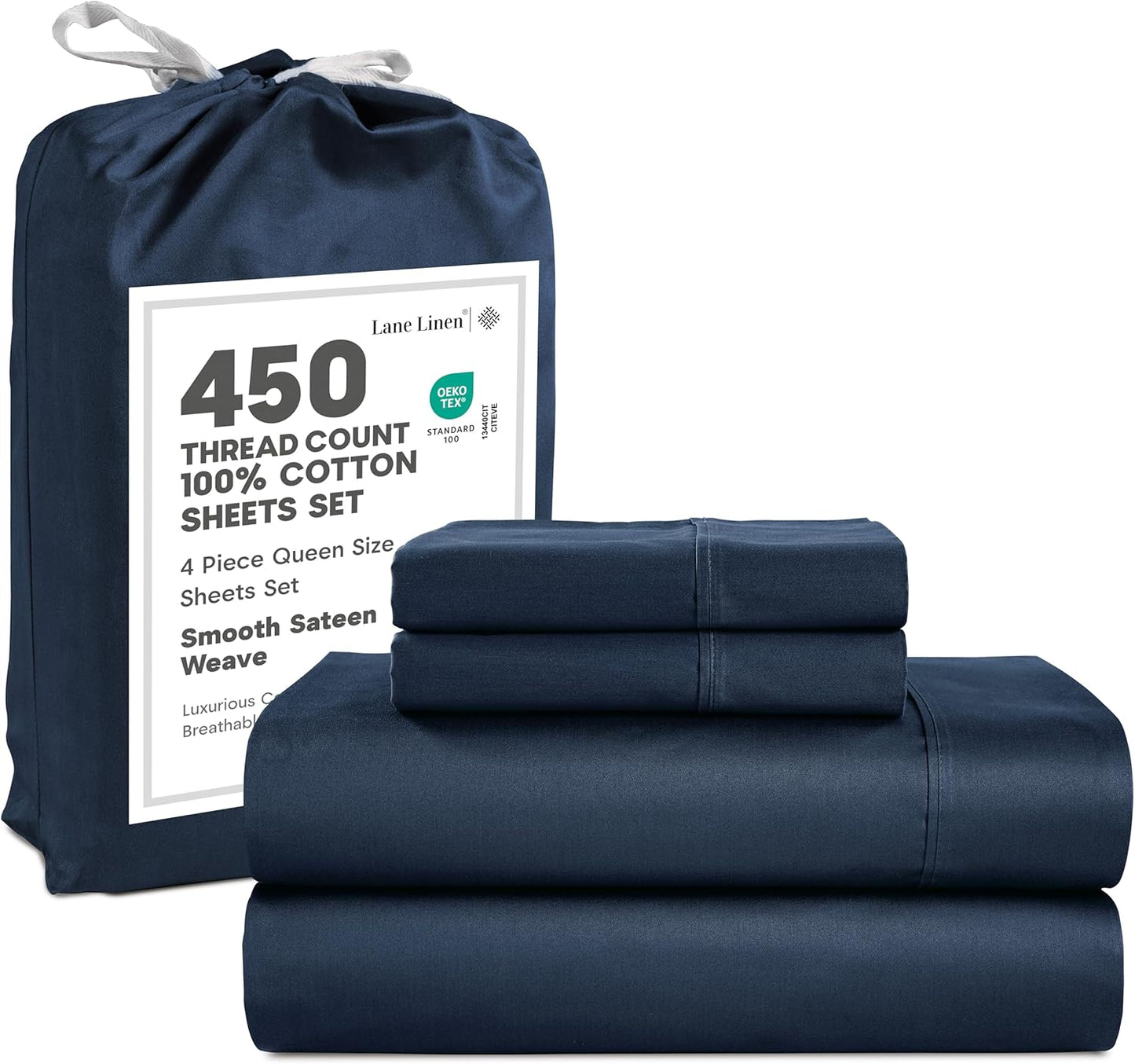 LANE LINEN 100% Cotton Sheets – 450 Thread Count Naturally Cooling Twin Sheets Set, Soft & Comfy Sateen Weave, Deep Pocket Fits 15” Mattress, Fade-Resistant Hotel Bedding, White
