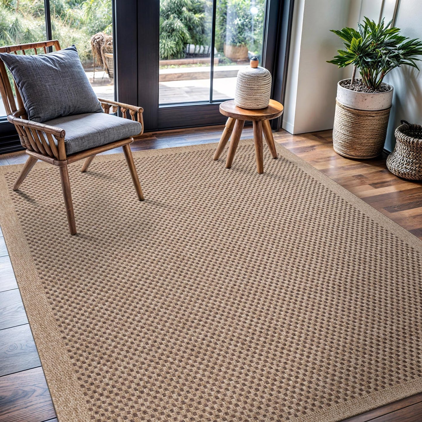 CAMILSON Easy Jute Rug 8x10, Indoor Outdoor Natural Color Fiber Area Rugs for Living Room and Patio Rug Herringbone Seagrass Boho Woven Design Easy-Cleaning Washable Outside Carpet Alfombras 8 x 10