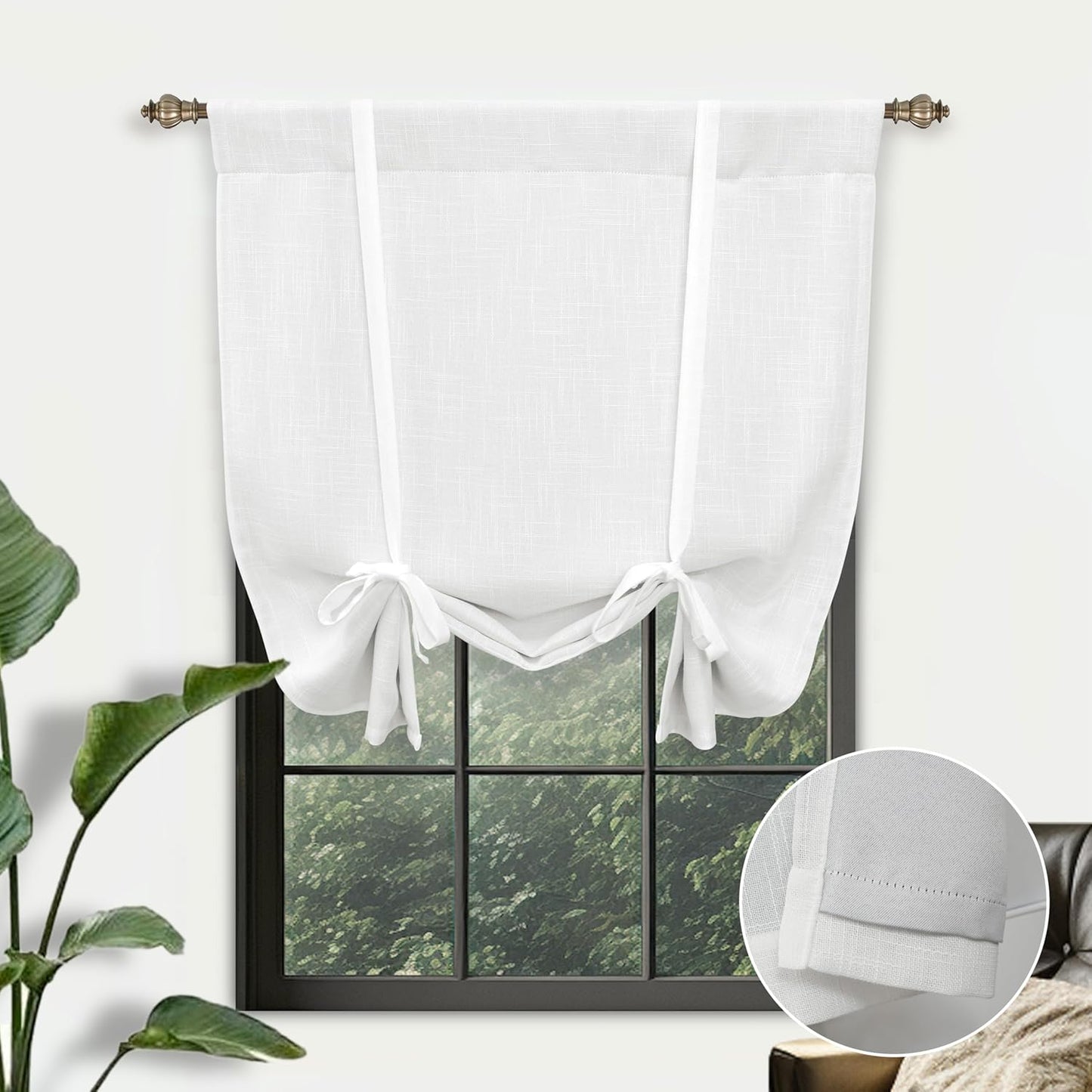 DriftAway Double Layer Linen Blackout Tie Up Curtains Thermal Insulated Fully Lined Balloon Roman Shade Bathroom Window Adjustable Rod Pocket for Small Window 31 Inch by 47 Inch Light Linen