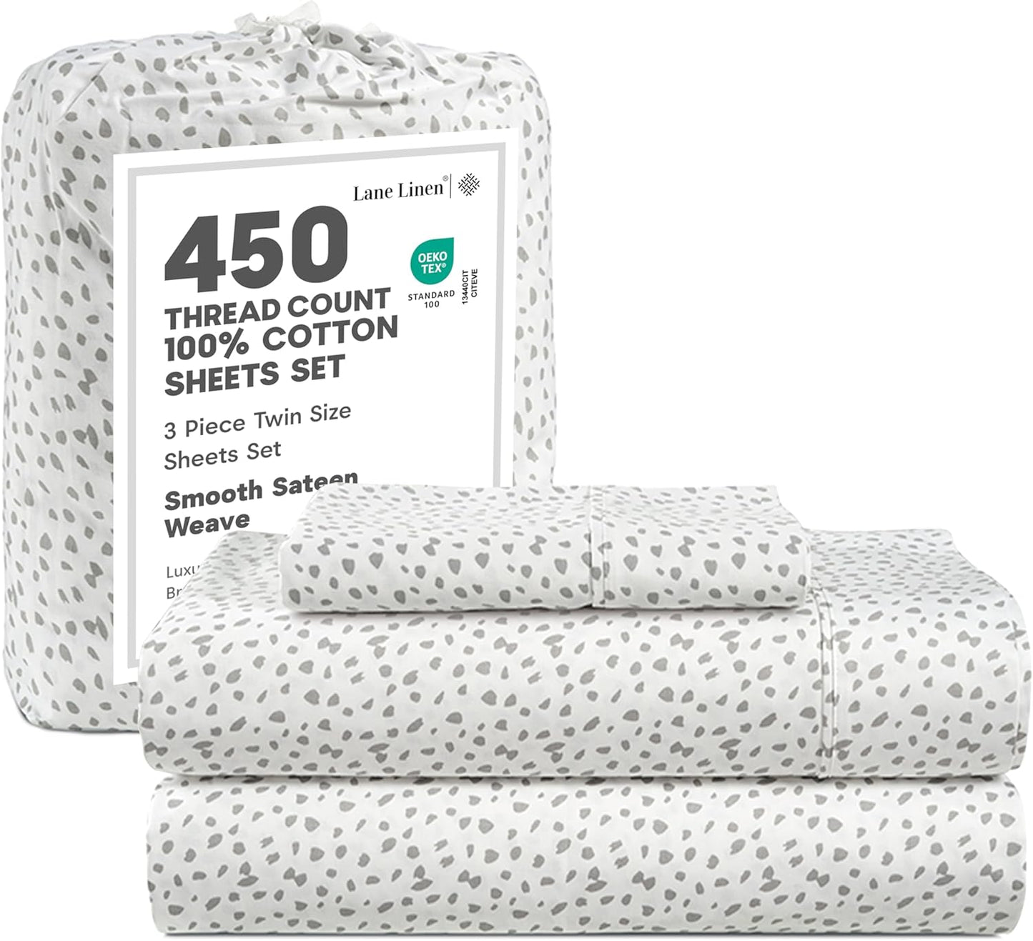 LANE LINEN 100% Cotton Sheets – 450 Thread Count Naturally Cooling Twin Sheets Set, Soft & Comfy Sateen Weave, Deep Pocket Fits 15” Mattress, Fade-Resistant Hotel Bedding, White