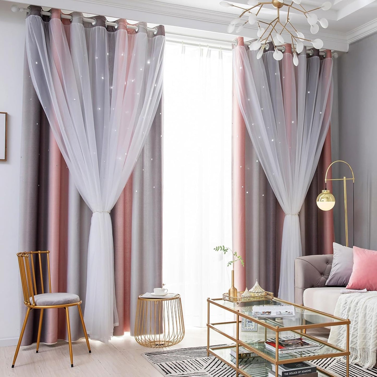 Star Blackout Bedroom Curtains, Beige, 52"W x 63"L, 2 Panels