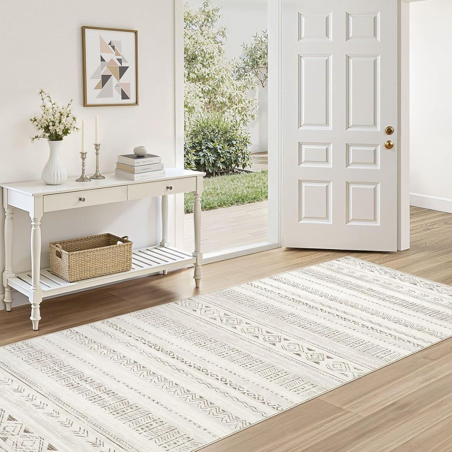 Large Living Room Area Rug 5x7: Soft Machine Washable Boho Moroccan Farmhouse Rugs for Bedroom Under Dining Table - Non-Slip Neutral Morden Indoor Floor Carpet for Home Office - Brown/Cream